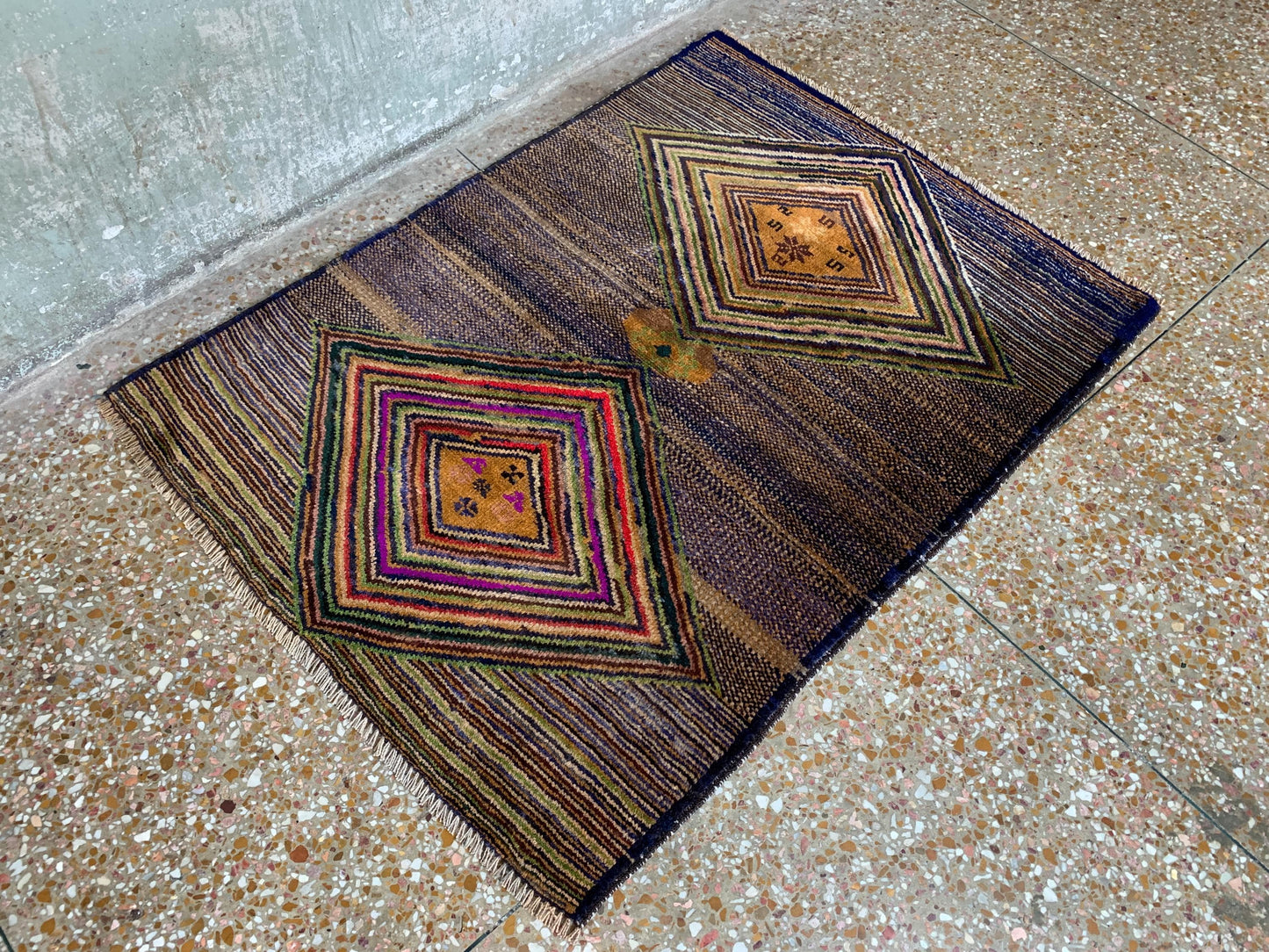 3x4 Ft Vintage Rug, Geometric design Rug, Afghan Handmade Rug, High Pile Rug Baluchi Oriental Rug, Best for Hallway Kitchen Bedroom Rug etc.
