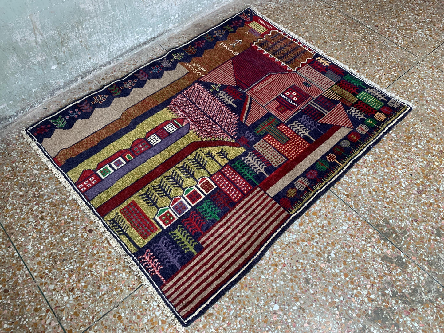 3x4 Ft Vintage Pictorial Rug, Afghan Handmade Rug, Baluchi Oriental Wool Rug, Tree design Rug, Home Decor Rug, Hallway Kitchen Bedroom Rug.