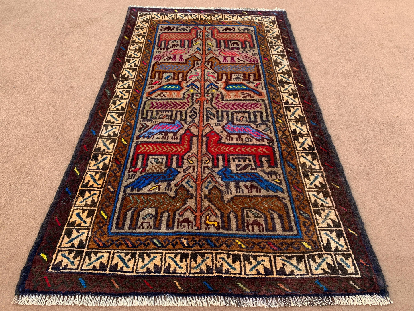 Amazing Pictorial Rug 3x5 Ft Natural Handmade Afghan Rug, Good Pile Rug, Vintage Oriental Wool Rug, Best for Kids Room Rug, Bedroom Rug etc.