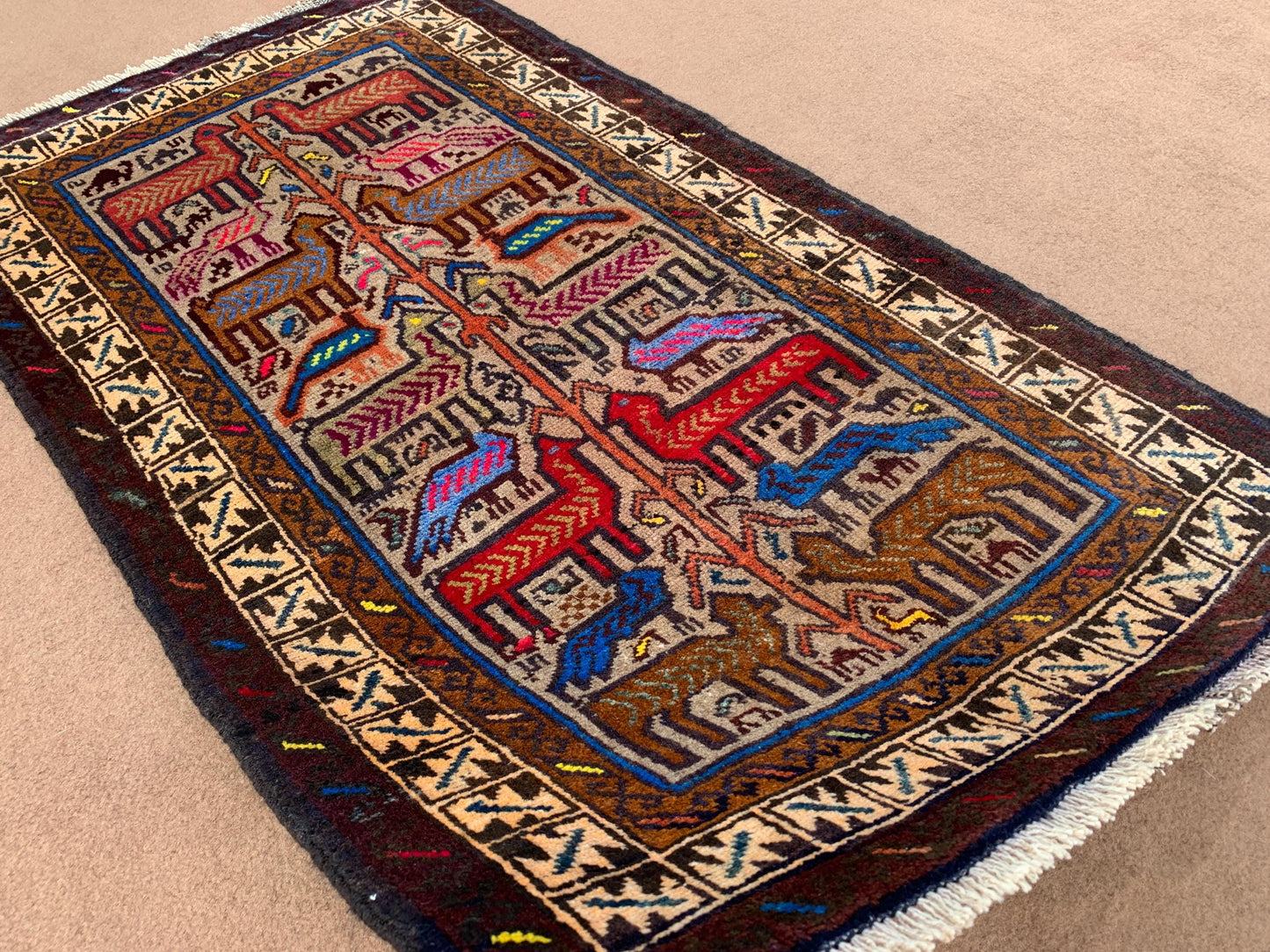 Amazing Pictorial Rug 3x5 Ft Natural Handmade Afghan Rug, Good Pile Rug, Vintage Oriental Wool Rug, Best for Kids Room Rug, Bedroom Rug etc.