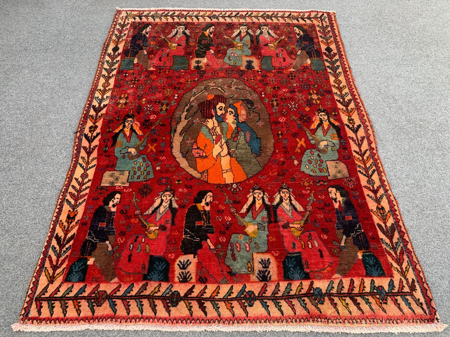 3x5 Ft Antique Pictorial Red Rug, Hand Knotted Vintage Rug, Oriental Afghan Wool Rug, Good Pile Rug Wall Decor Rug, Best for Living Room Rug
