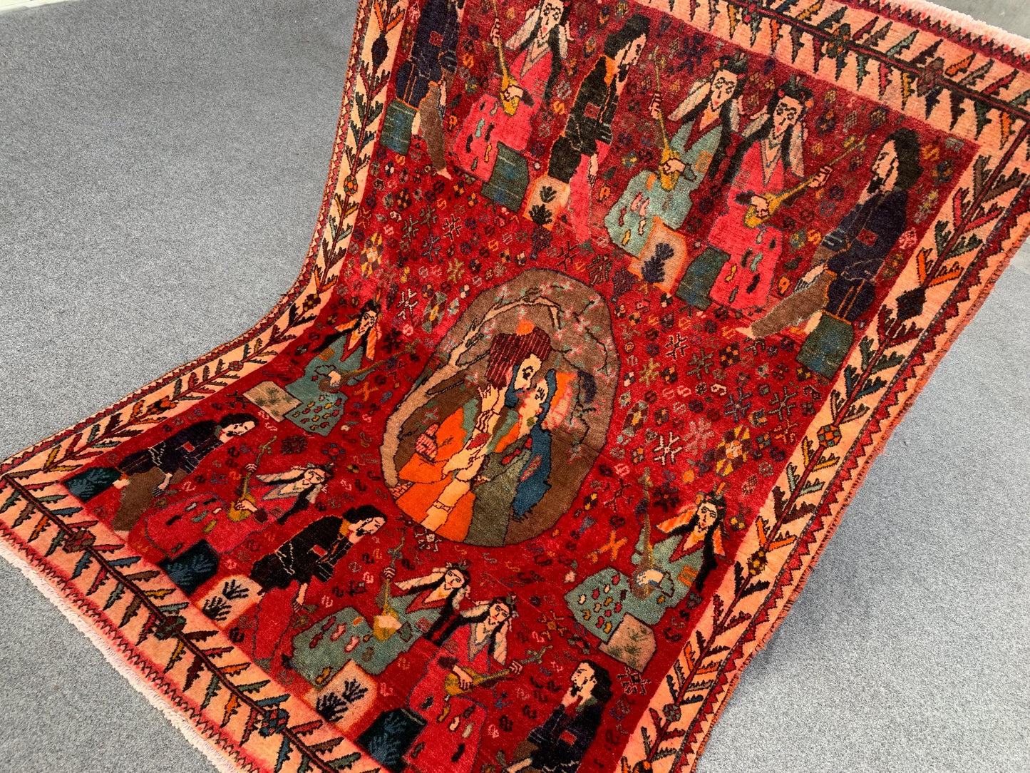 3x5 Ft Antique Pictorial Red Rug, Hand Knotted Vintage Rug, Oriental Afghan Wool Rug, Good Pile Rug Wall Decor Rug, Best for Living Room Rug