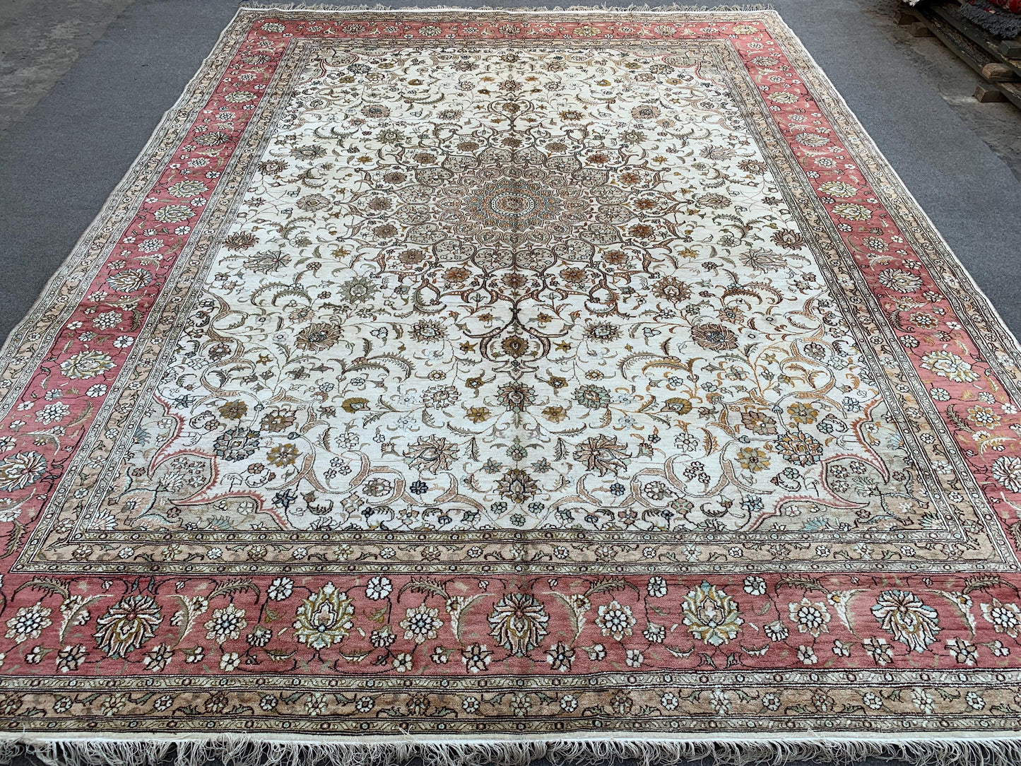 Amazing Large Afghan Silk Rug 9x12 Ft Salmon Ivory pink Hand knotted silk on cotton oriental floral Carpet, Traditional Rug, Living Room Rug