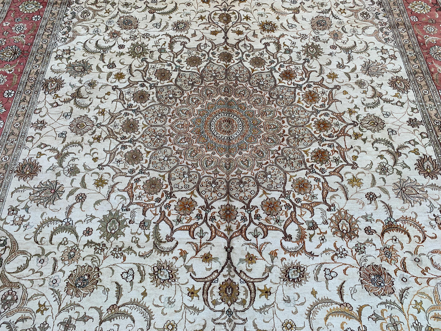Amazing Large Afghan Silk Rug 9x12 Ft Salmon Ivory pink Hand knotted silk on cotton oriental floral Carpet, Traditional Rug, Living Room Rug