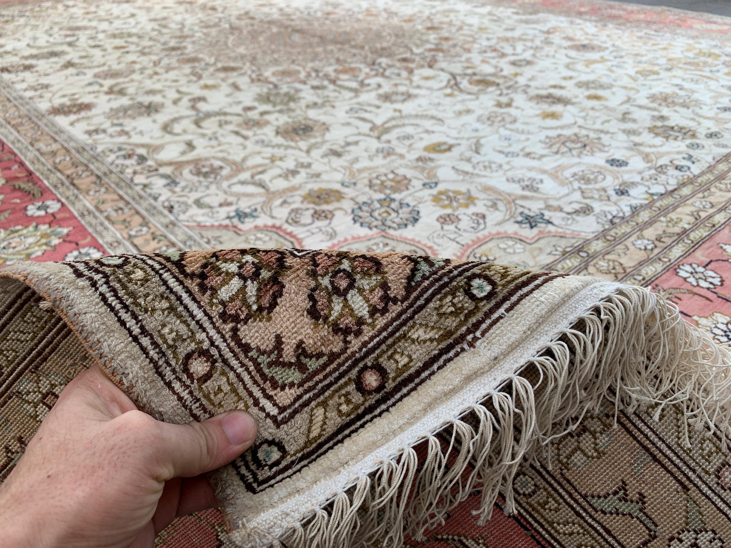 Amazing Large Afghan Silk Rug 9x12 Ft Salmon Ivory pink Hand knotted silk on cotton oriental floral Carpet, Traditional Rug, Living Room Rug