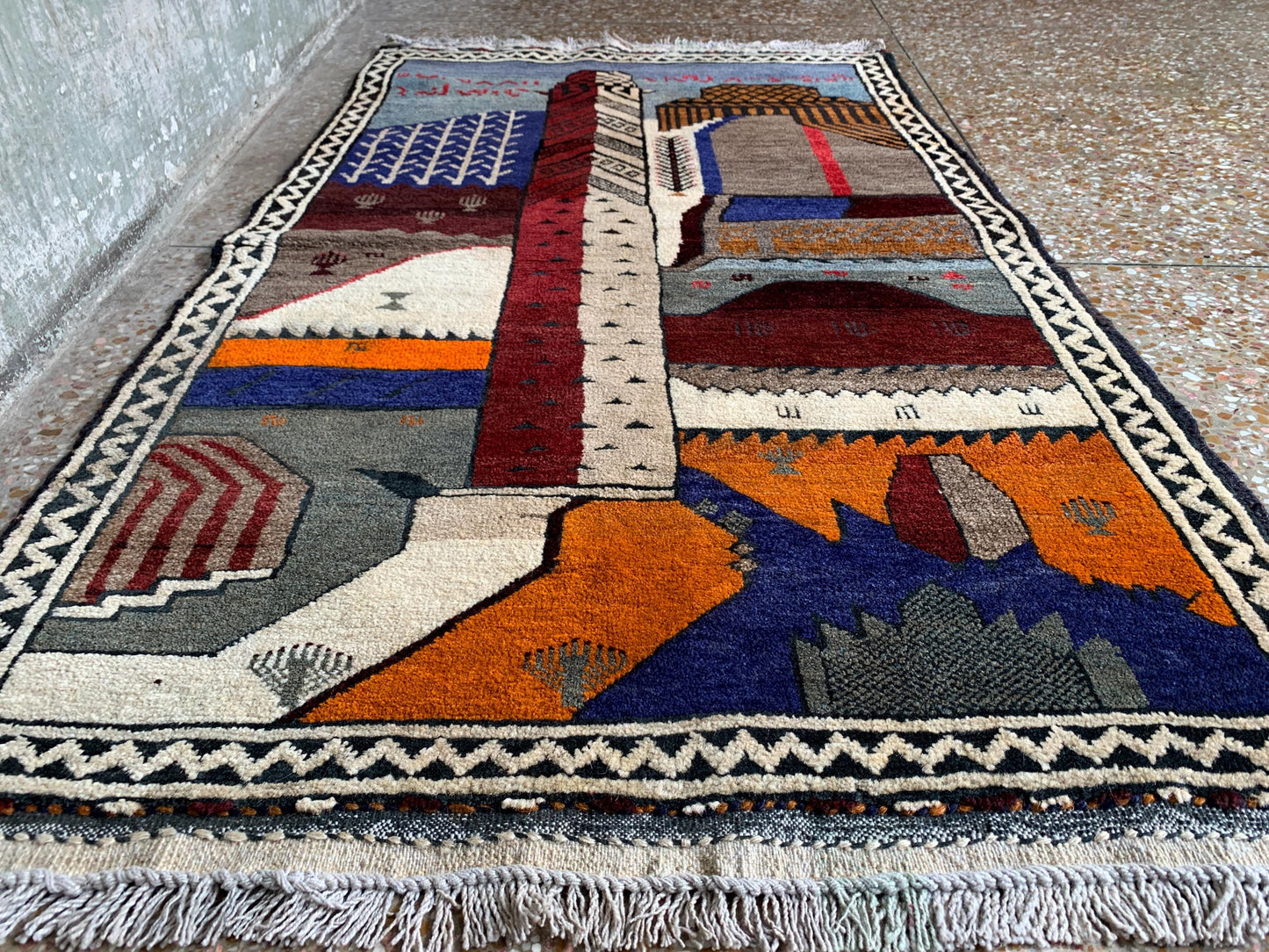 One of a kind Antique Pictorial Rug, Afghan Handmade Wool Rug, Minar Heart Area Rug, Vintage Oriental Rug, Best for Kids Room Rug 3x4 Ft