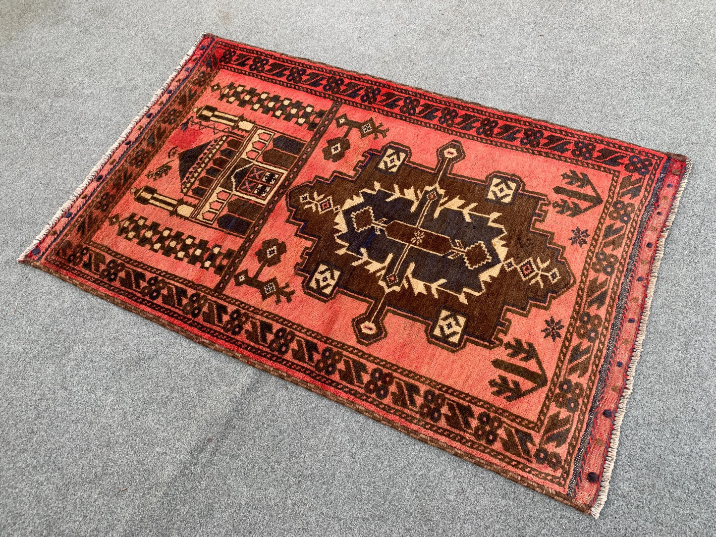 Vintage Prayer Rug 3x4 Natural Hand Knotted Afghan Prayer Rug, Oriental Wool Rug, Muslim Prayer Rug, Turkmen Prayer Rug, Geometric Area Rug.