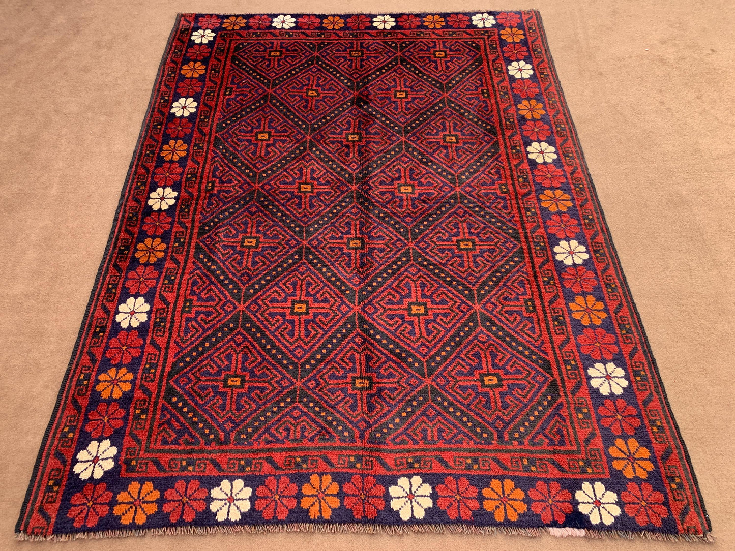 One of a kind Vintage Rug 5x7 ft Afghan Handmade Wool Rug, Oriental Turkmen Rug, Geometric Area Rug Home Decor Rug, Bedroom Living Room Rug.