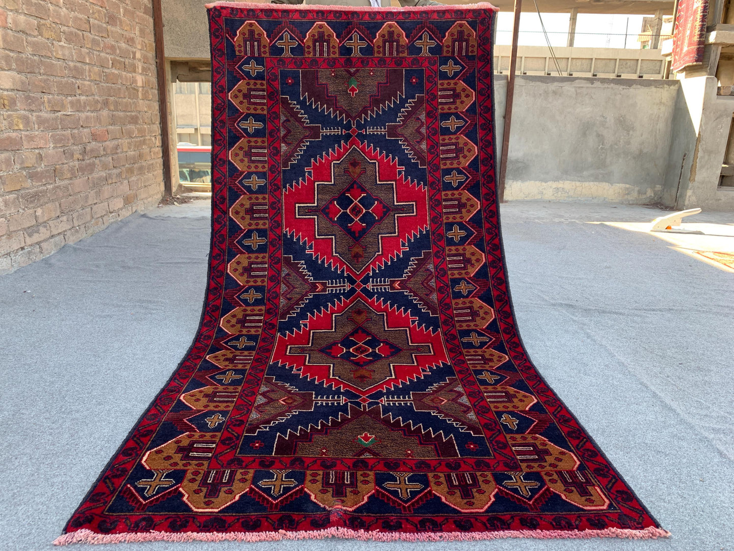 3x7 Ft Vintage Afghan Rug, Natural Hand Knotted Wool Rug, Navy Blue Red Rug, Geometric Area Rug, Oriental Rug, Rugs for Bedroom Hallway Rug.