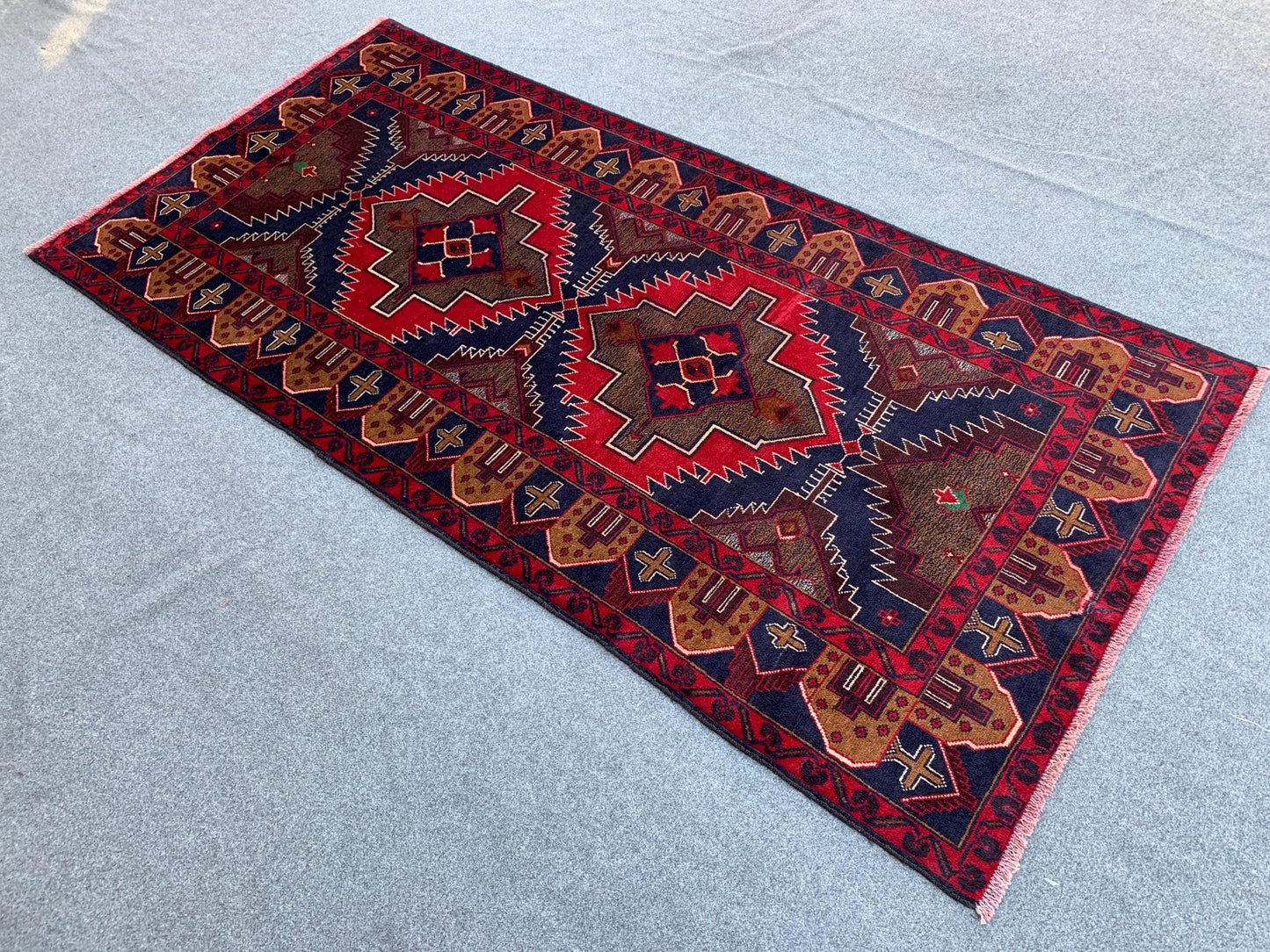 3x7 Ft Vintage Afghan Rug, Natural Hand Knotted Wool Rug, Navy Blue Red Rug, Geometric Area Rug, Oriental Rug, Rugs for Bedroom Hallway Rug.