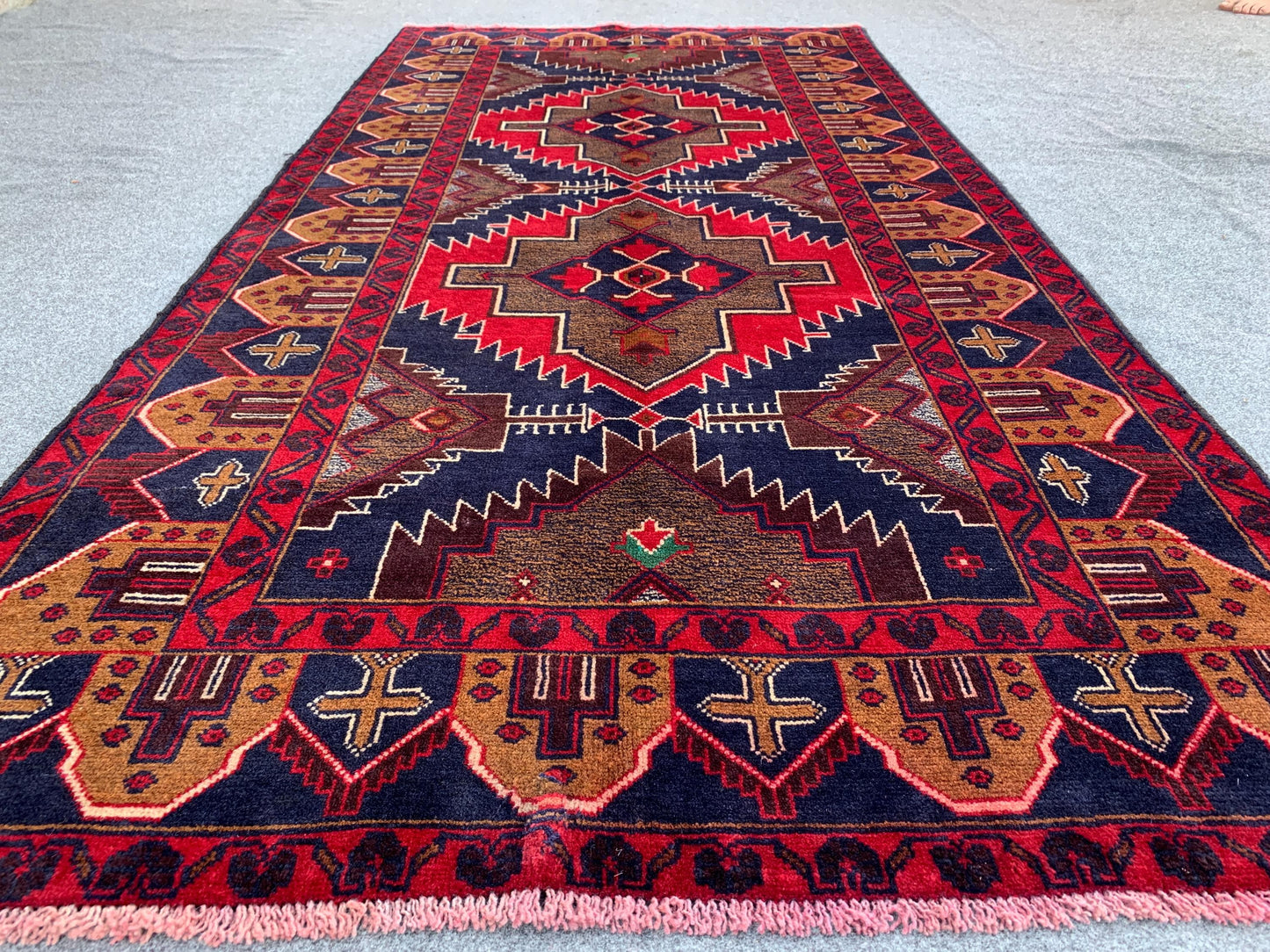 3x7 Ft Vintage Afghan Rug, Natural Hand Knotted Wool Rug, Navy Blue Red Rug, Geometric Area Rug, Oriental Rug, Rugs for Bedroom Hallway Rug.