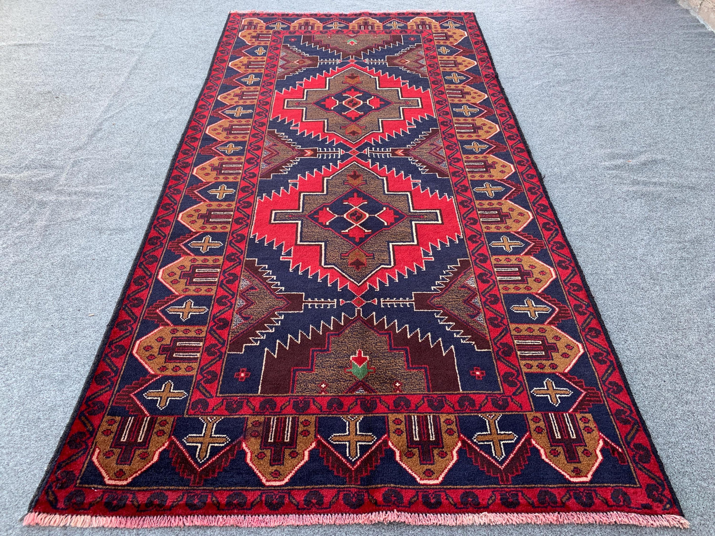 3x7 Ft Vintage Afghan Rug, Natural Hand Knotted Wool Rug, Navy Blue Red Rug, Geometric Area Rug, Oriental Rug, Rugs for Bedroom Hallway Rug.