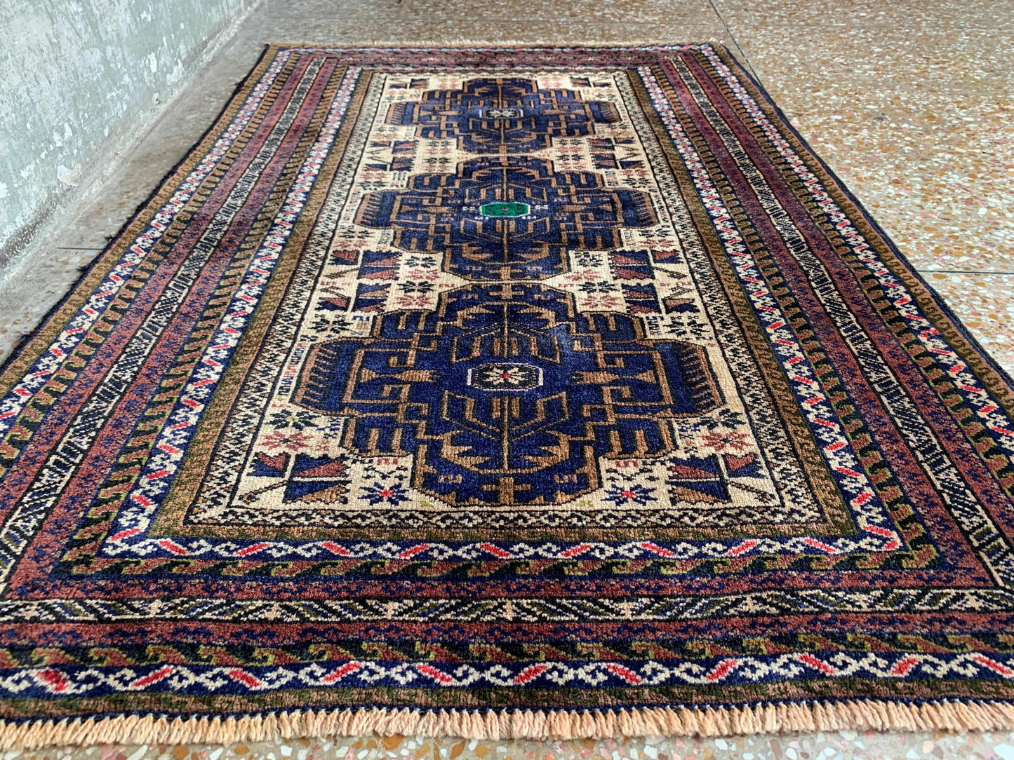 3x4 Ft Vintage Rug, Afghan Hand Knotted Rug, Geometric Area Rug, Baluchi Oriental Wool Rug, Best for Hallway Rug, Good Pile Rug, Bedroom Rug