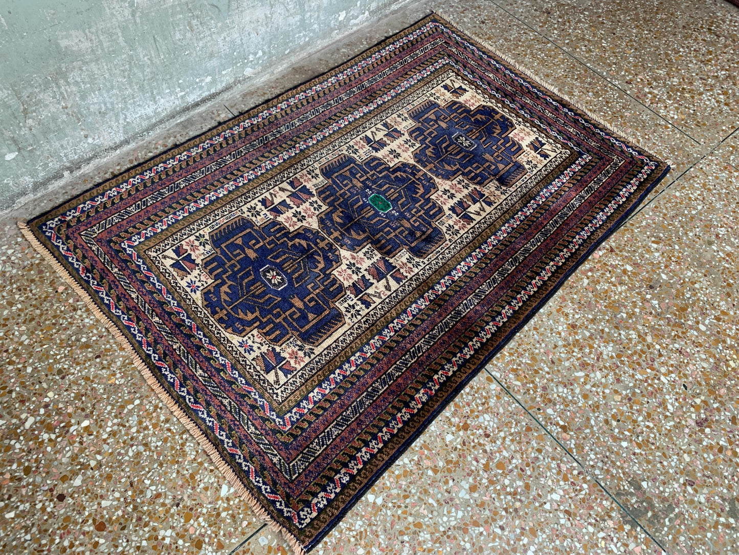 3x4 Ft Vintage Rug, Afghan Hand Knotted Rug, Geometric Area Rug, Baluchi Oriental Wool Rug, Best for Hallway Rug, Good Pile Rug, Bedroom Rug