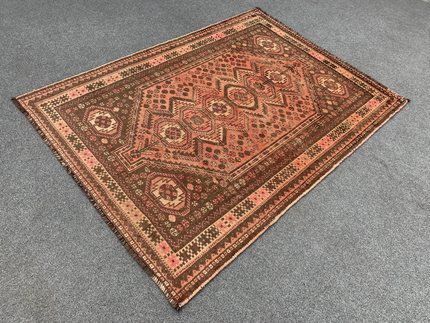 4x5 Ft Antique Caucasian Rug, Afghan Handmade Rug, Low Pile Rug, Oriental Vintage Rug, Turkmen Tribal Rug, Bedroom Rug, Kitchen Hallway Rug.