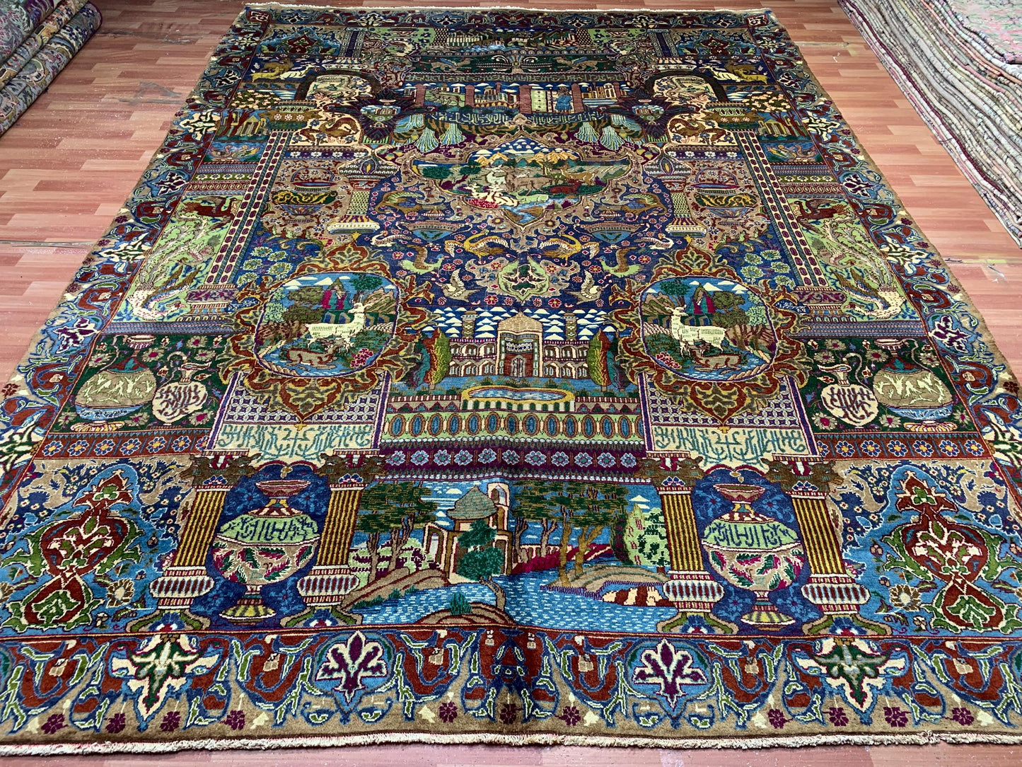 9x12 Ft Antique Pictorial Animal Rug, Hand knotted Vintage Wool Rug, Home decor Rug, Afghan Oriental Rug, Dining Table Rug, Living Room Rug.