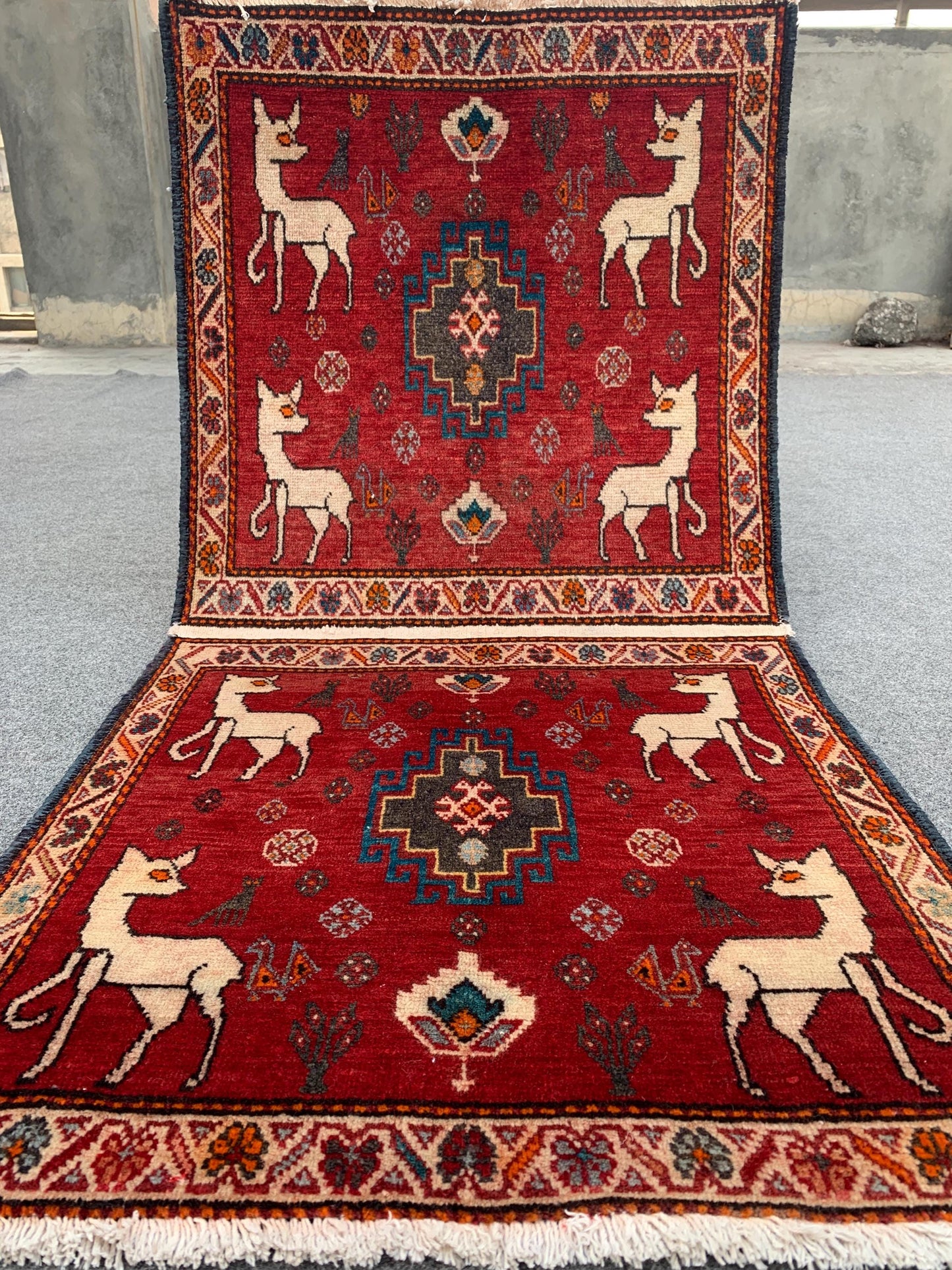 2x4 Ft One of a kind Vintage Rug, Afghan Hand Knotted Rug, Pictorial Animal Rug, Red Rug Oriental Wool Rug, Rugs for Bedroom Hallway Rug etc