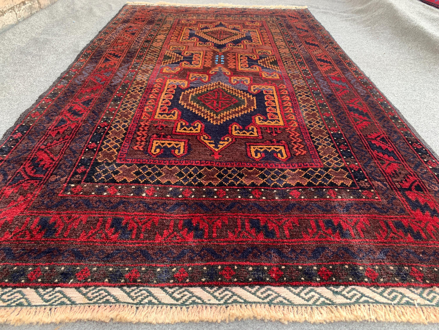 4x6 Vintage Rug, Natural Hand Knotted Afghan Wool Rug, Herati Baluchi Rug, Geometric Area Rug, Oriental Tribal Rug, Bedroom Rug Hallway Rug.