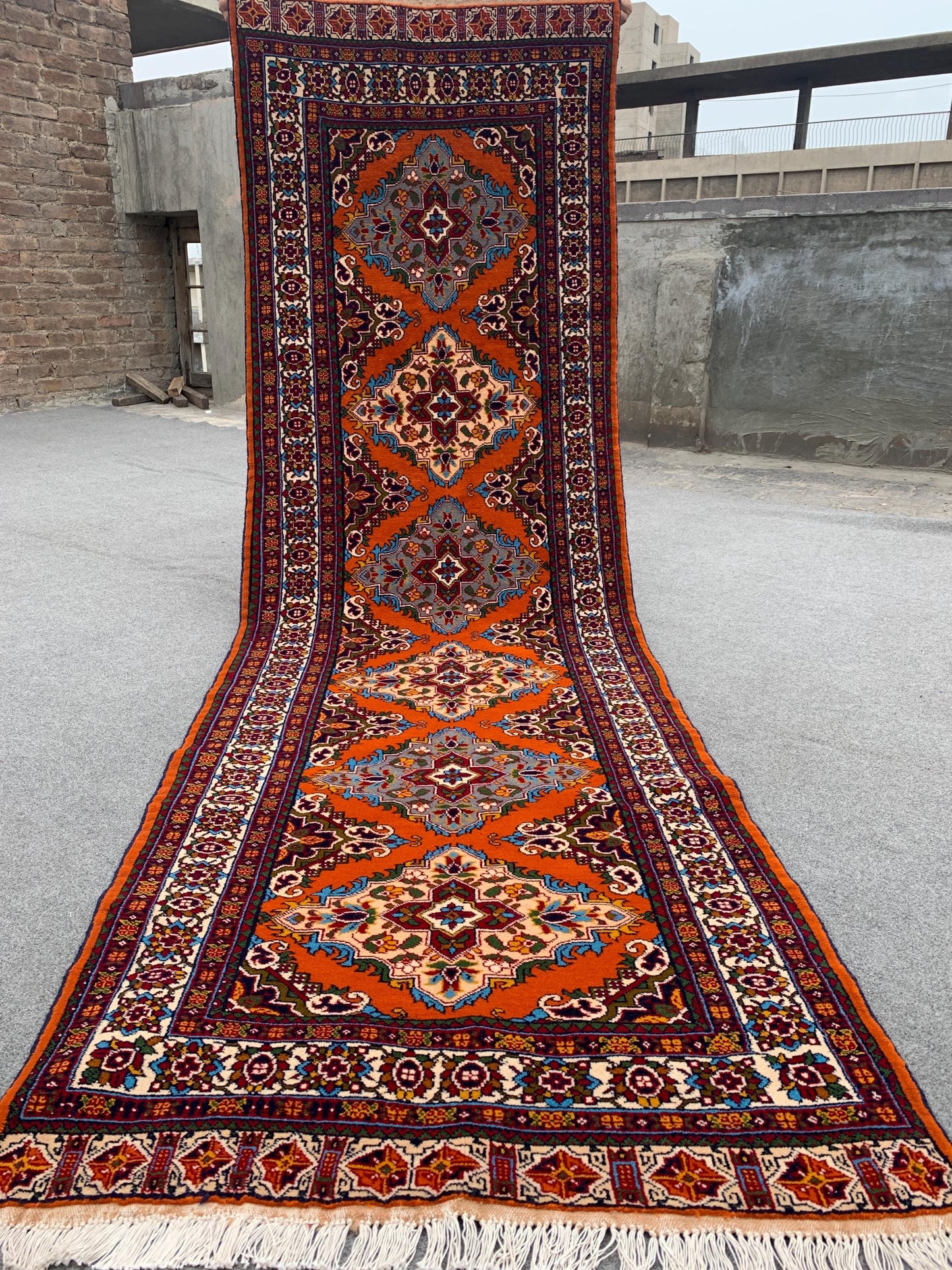 Amazing Orange Runner Rug 3x9 Ft Afghan Hand Knotted Runner Rug, Vintage Geometric Area Rug, Good Quality Rug, Hallway Runner Rug, 90x290 Cm