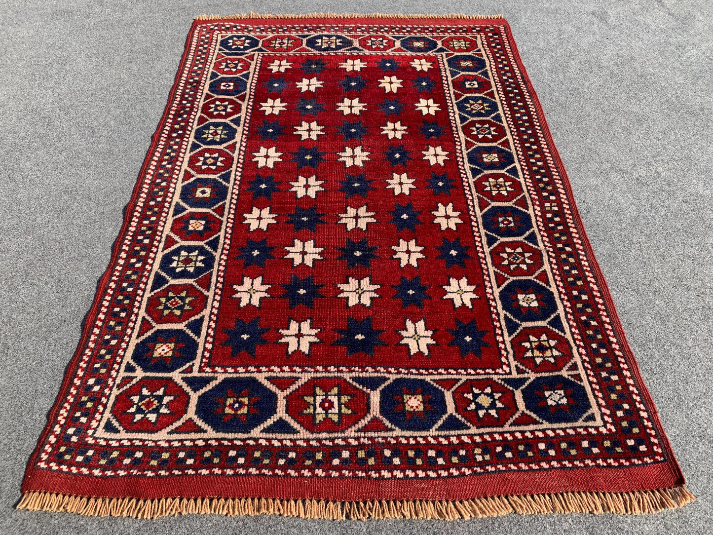 Amazing Vintage Rug 3x4 Ft Afghan Handmade Wool Rug, Red Rug, Oriental Area Rug, Stars design Rug, Rugs for Bedroom Kitchen Hallway Rug etc.