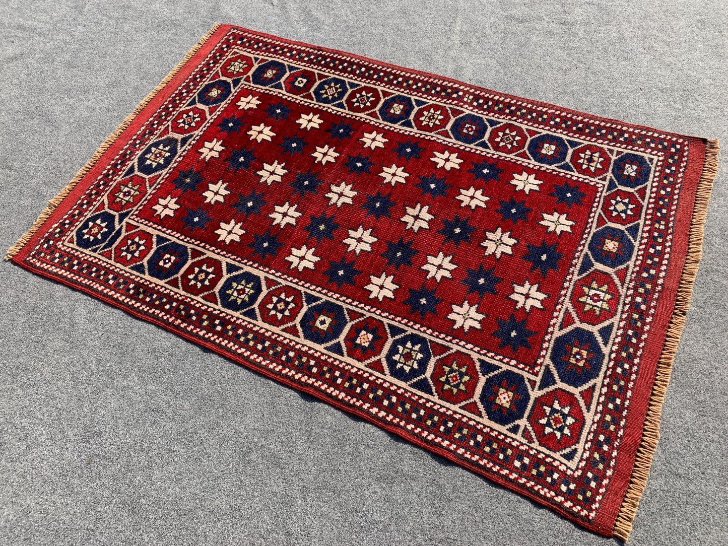 Amazing Vintage Rug 3x4 Ft Afghan Handmade Wool Rug, Red Rug, Oriental Area Rug, Stars design Rug, Rugs for Bedroom Kitchen Hallway Rug etc.