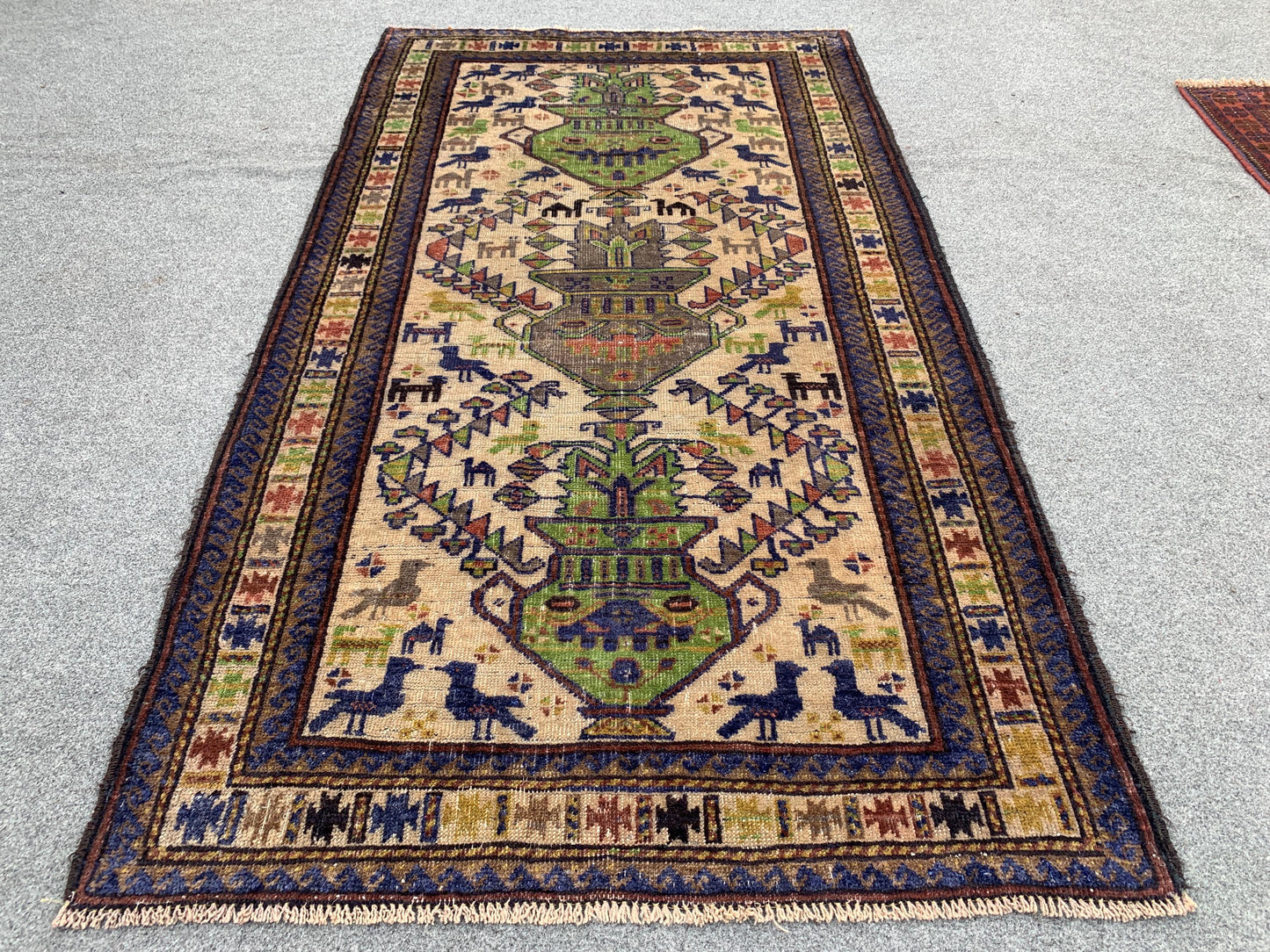 3x5 Ft Vintage Pictorial Rug, Afghan Handmade Rug, Low Pile Rug, Antique Baluchi Rug Oriental Wool Rug, Rugs for Bedroom Kitchen Hallway Rug
