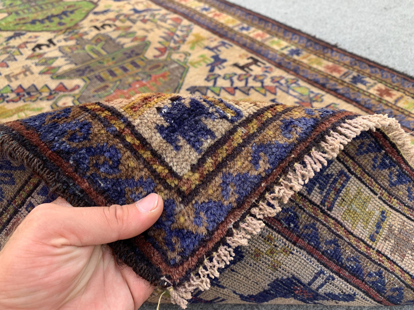 3x5 Ft Vintage Pictorial Rug, Afghan Handmade Rug, Low Pile Rug, Antique Baluchi Rug Oriental Wool Rug, Rugs for Bedroom Kitchen Hallway Rug