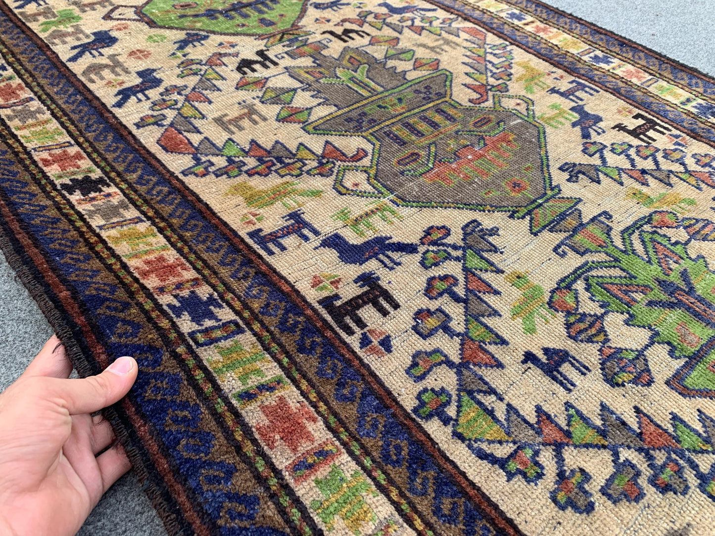 3x5 Ft Vintage Pictorial Rug, Afghan Handmade Rug, Low Pile Rug, Antique Baluchi Rug Oriental Wool Rug, Rugs for Bedroom Kitchen Hallway Rug
