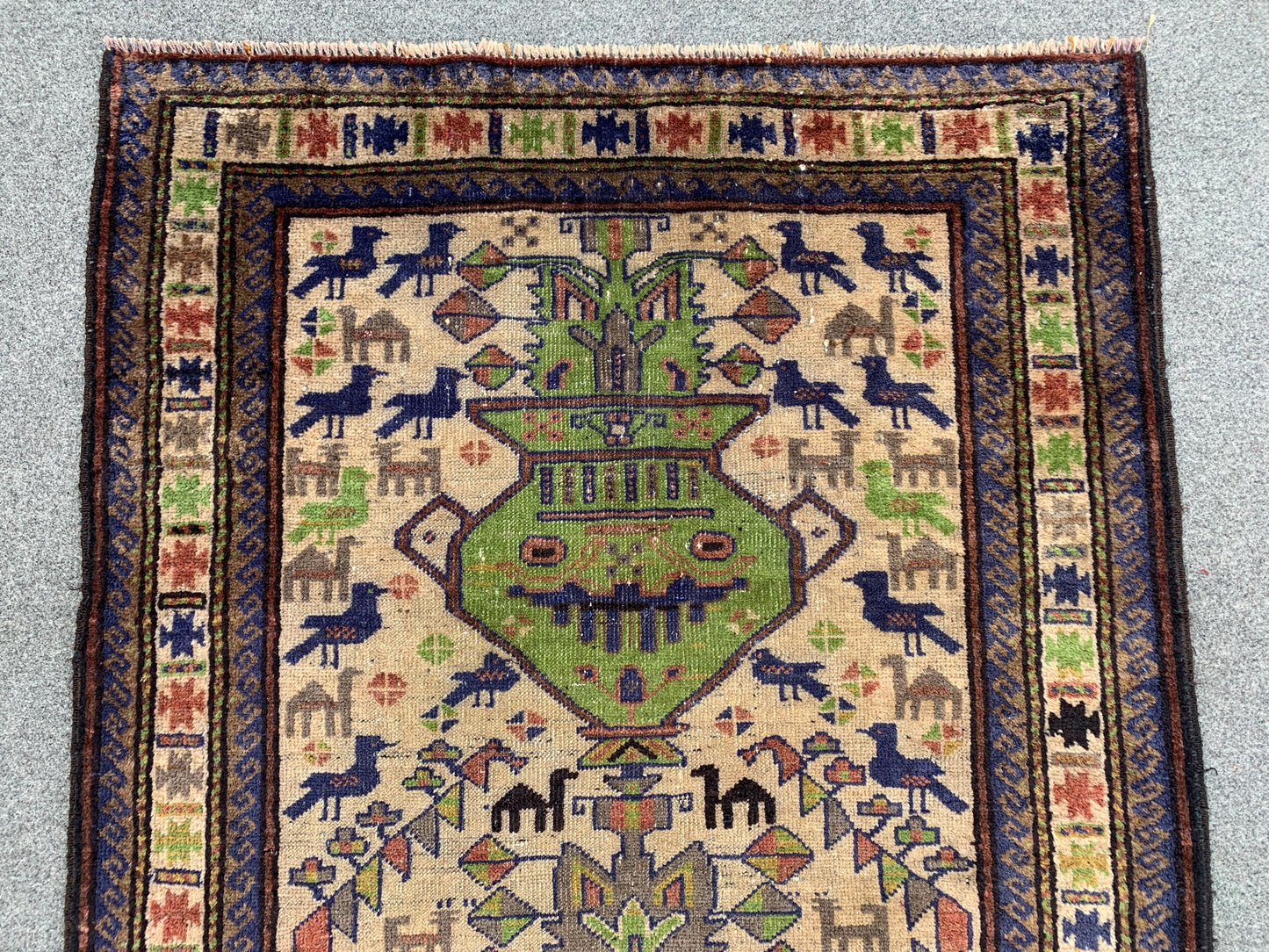 3x5 Ft Vintage Pictorial Rug, Afghan Handmade Rug, Low Pile Rug, Antique Baluchi Rug Oriental Wool Rug, Rugs for Bedroom Kitchen Hallway Rug