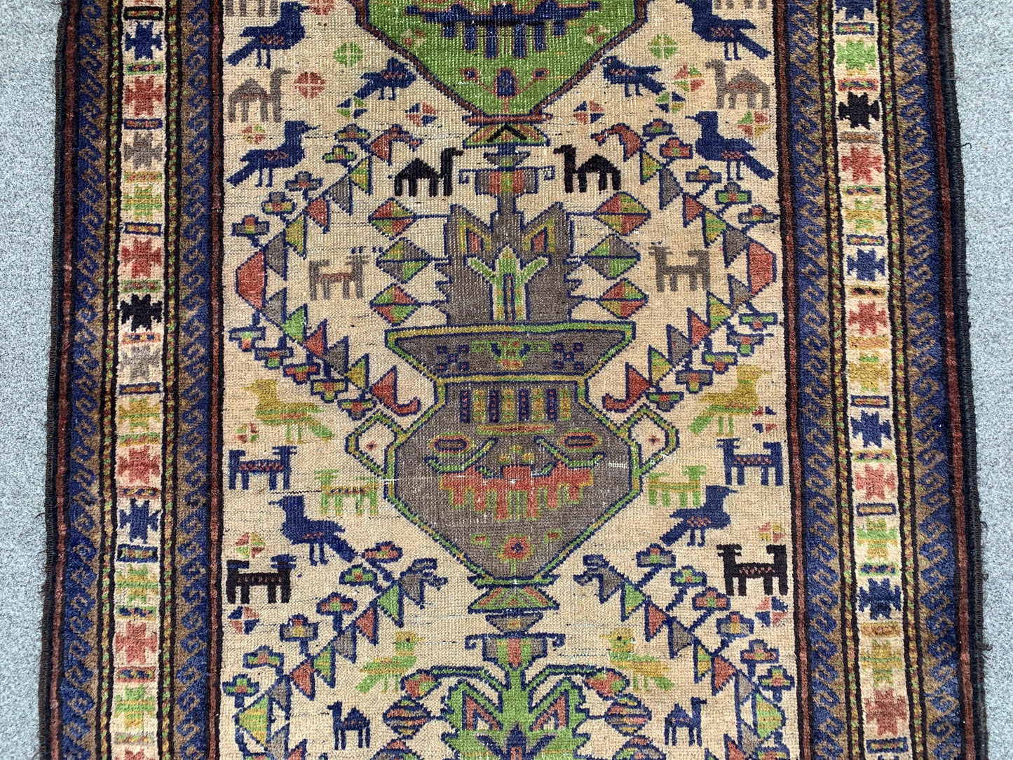 3x5 Ft Vintage Pictorial Rug, Afghan Handmade Rug, Low Pile Rug, Antique Baluchi Rug Oriental Wool Rug, Rugs for Bedroom Kitchen Hallway Rug
