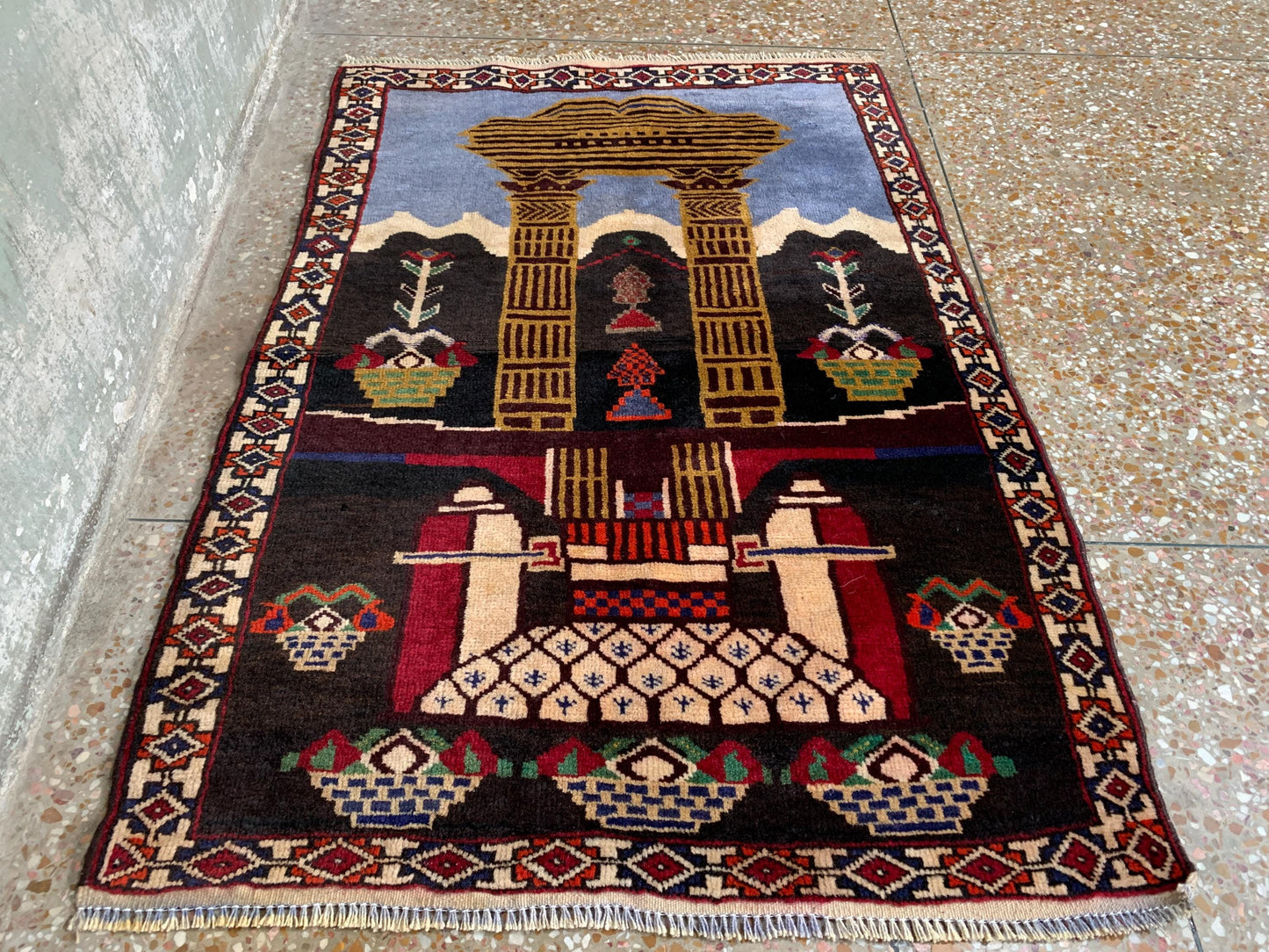 Small Vintage Pictorial Rug, Afghan Handmade Wool Rug, Oriental Wool Rug, One of a kind Rug, Best for Wall Hanging Hallway Rug, 2.6 x 3.8 Ft