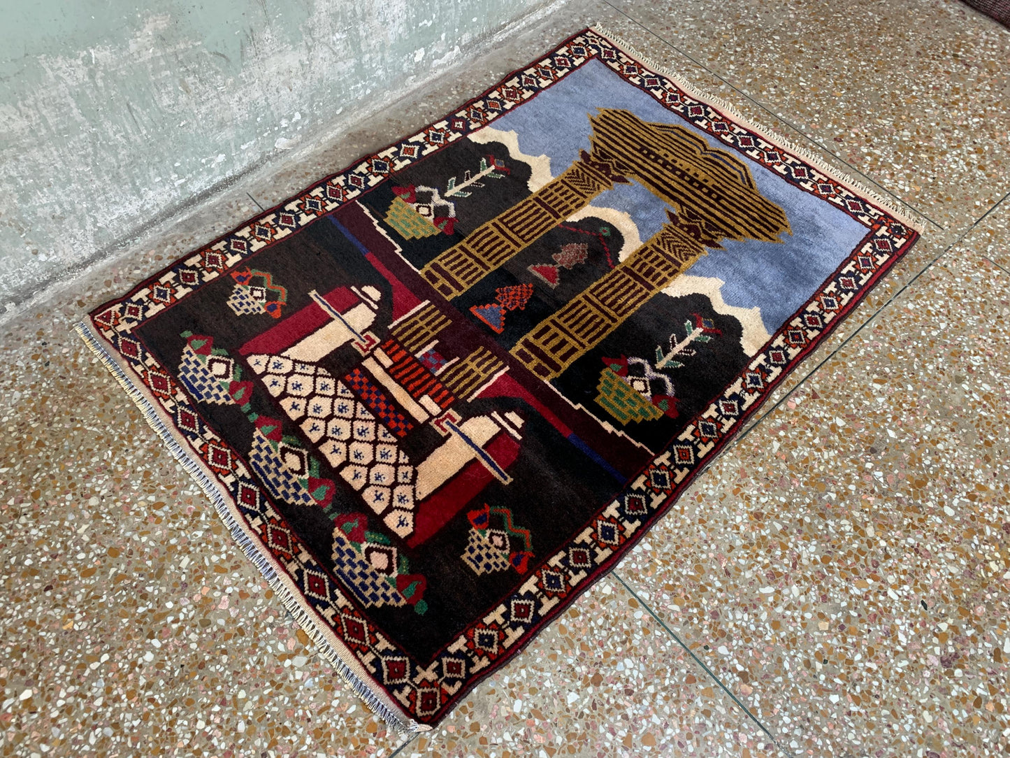 Small Vintage Pictorial Rug, Afghan Handmade Wool Rug, Oriental Wool Rug, One of a kind Rug, Best for Wall Hanging Hallway Rug, 2.6 x 3.8 Ft