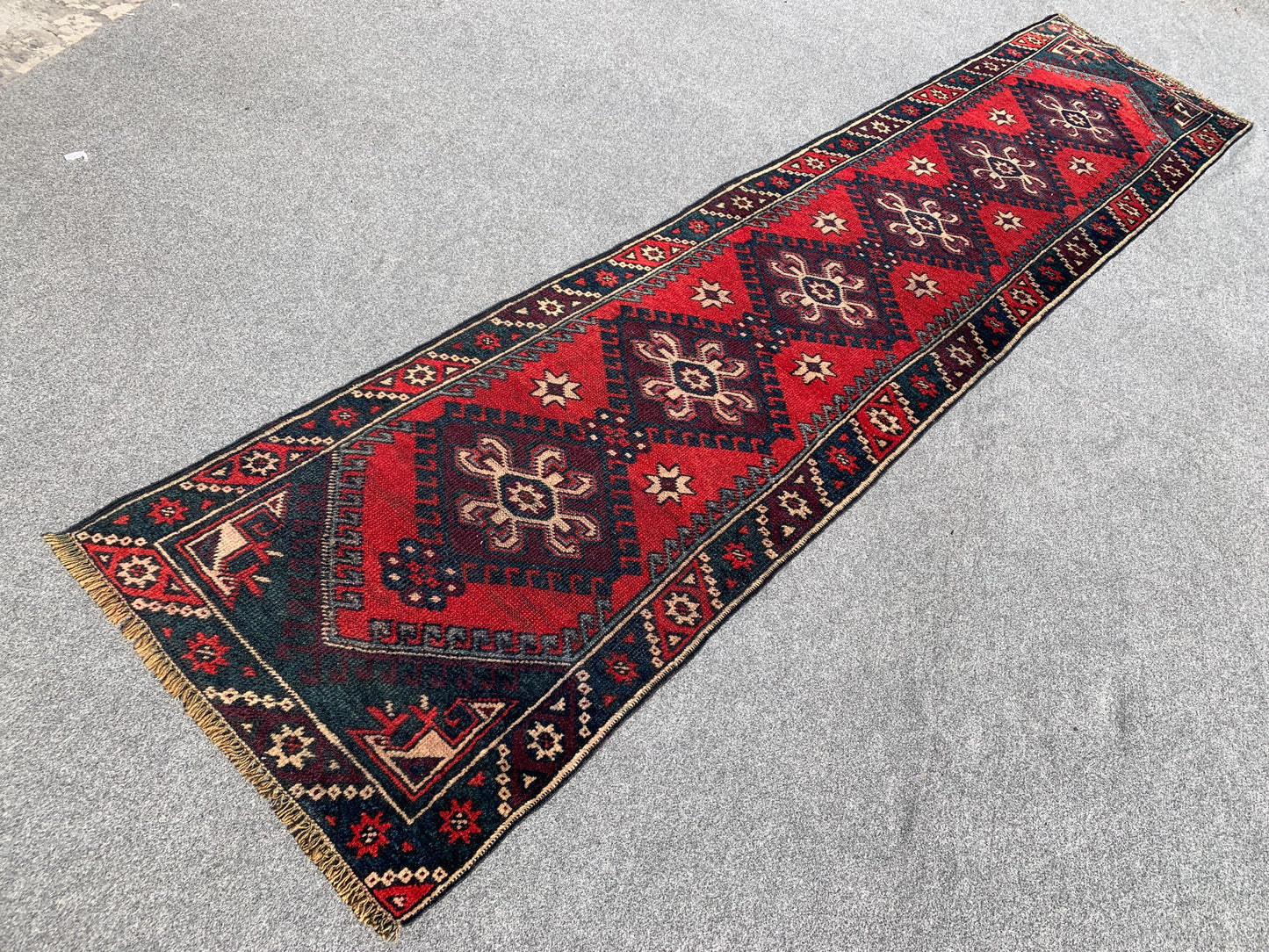 Vintage Runner Rug 2x9 Ft Afghan Hand Knotted Runner Rug, Low Pile Rug, Geometric Area Rug, Antique Oriental Runner Rug, Hallway Runner Rug.
