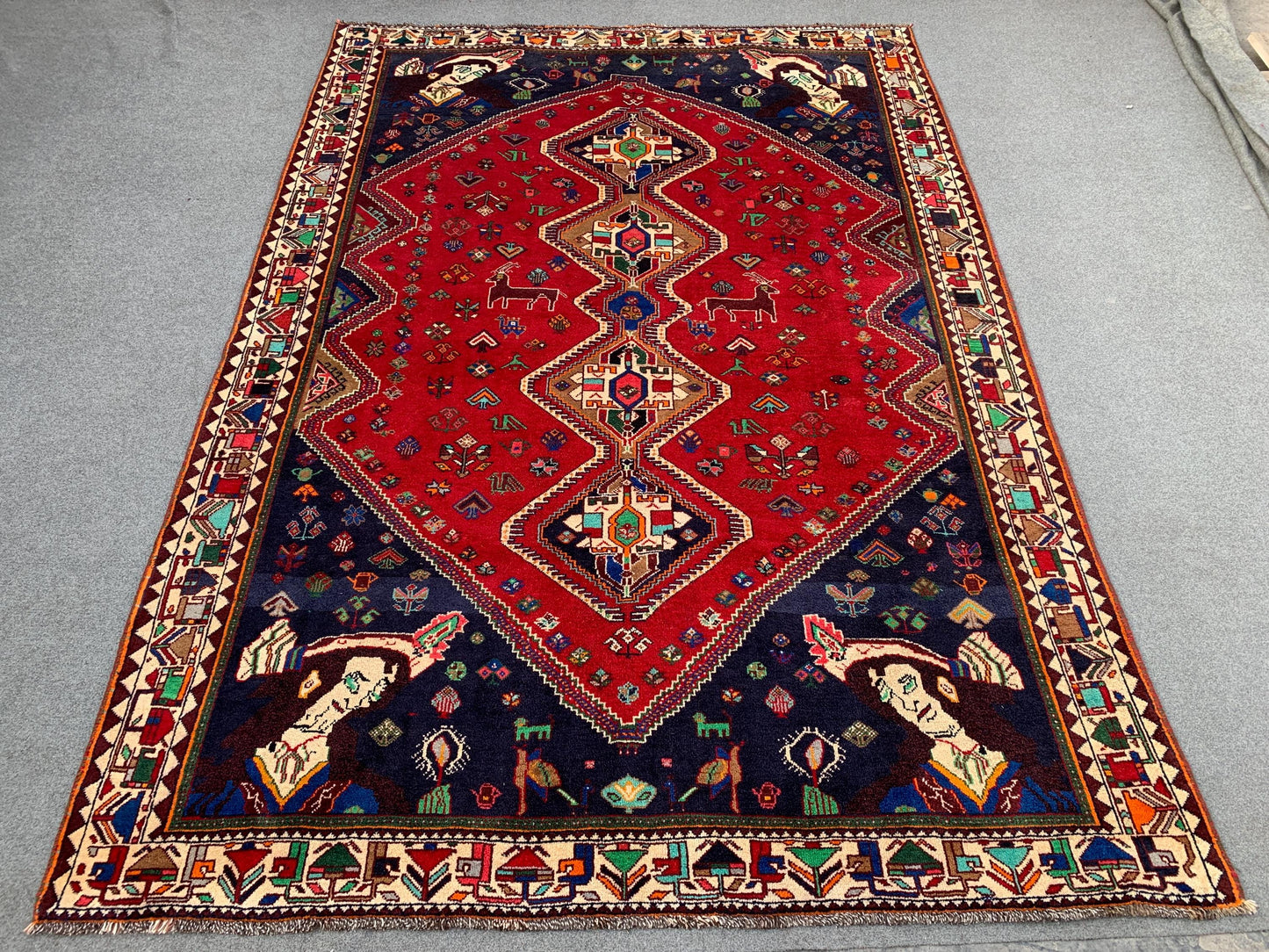 Amazing Vintage Pictorial Rug 7x11 Ft Afghan Hand Knotted Wool Rug, Caucasian design Rug, Red Navy Blue Rug, Good Pile Rug, Living Room Rug.