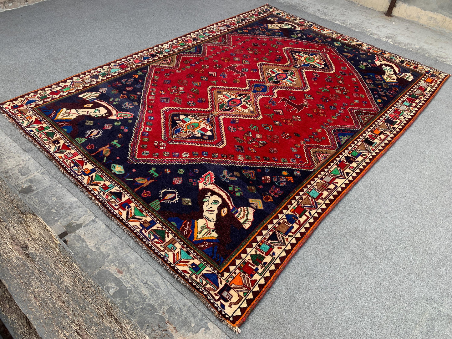 Amazing Vintage Pictorial Rug 7x11 Ft Afghan Hand Knotted Wool Rug, Caucasian design Rug, Red Navy Blue Rug, Good Pile Rug, Living Room Rug.