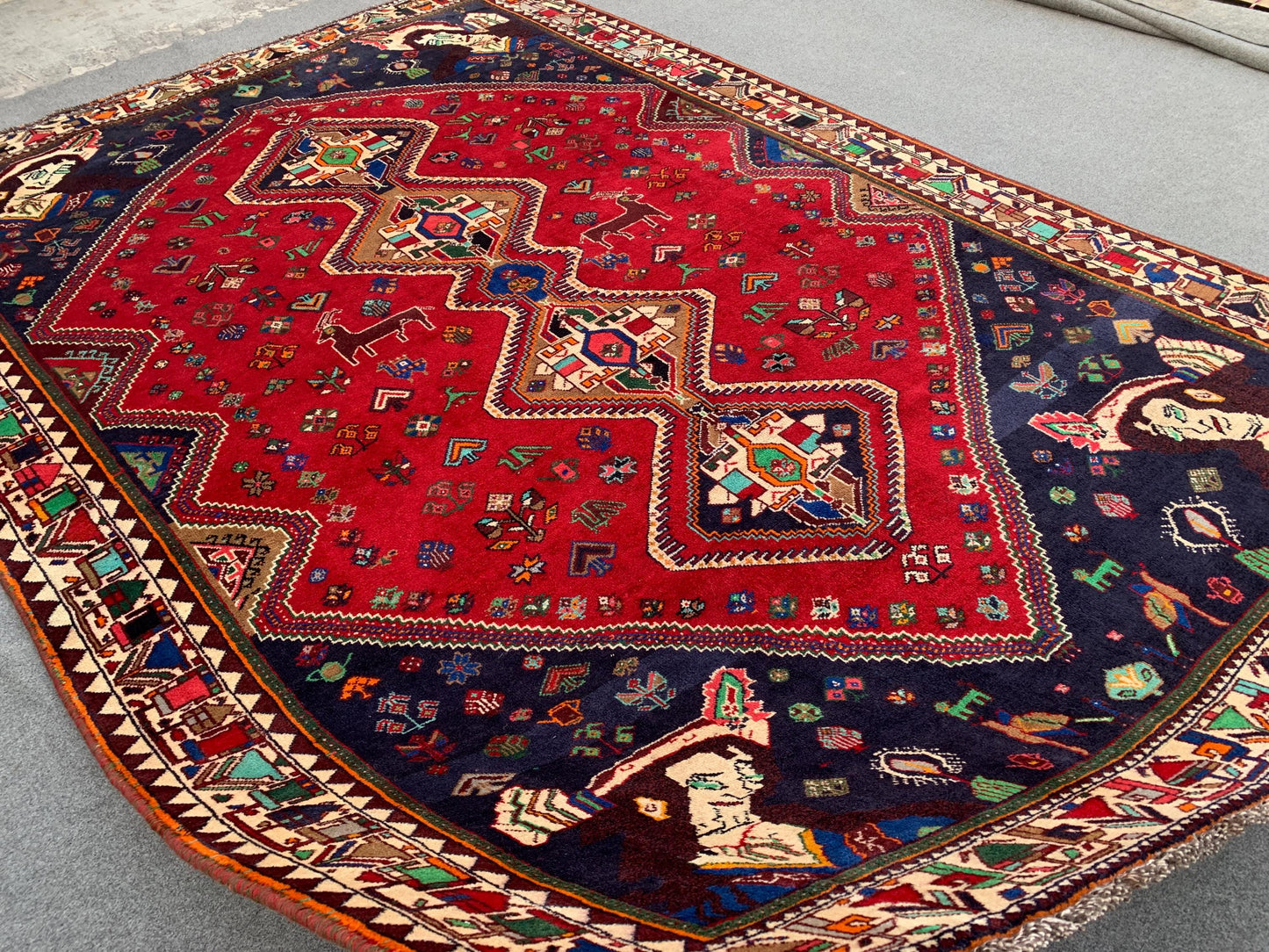 Amazing Vintage Pictorial Rug 7x11 Ft Afghan Hand Knotted Wool Rug, Caucasian design Rug, Red Navy Blue Rug, Good Pile Rug, Living Room Rug.