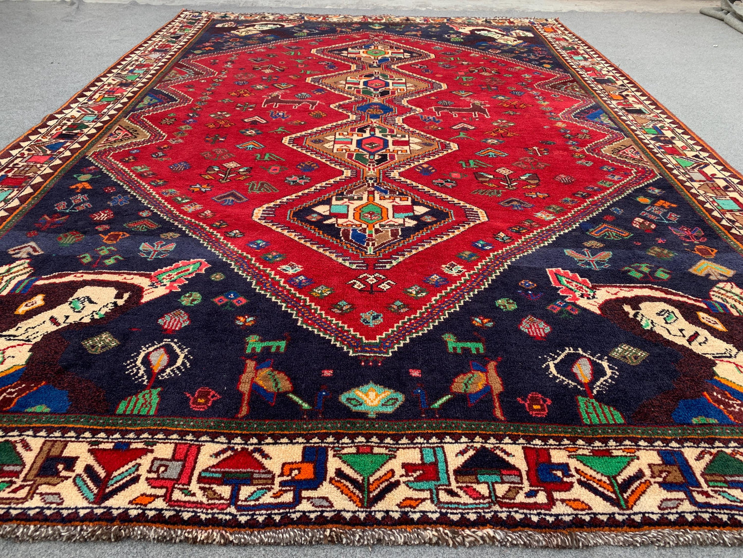 Amazing Vintage Pictorial Rug 7x11 Ft Afghan Hand Knotted Wool Rug, Caucasian design Rug, Red Navy Blue Rug, Good Pile Rug, Living Room Rug.