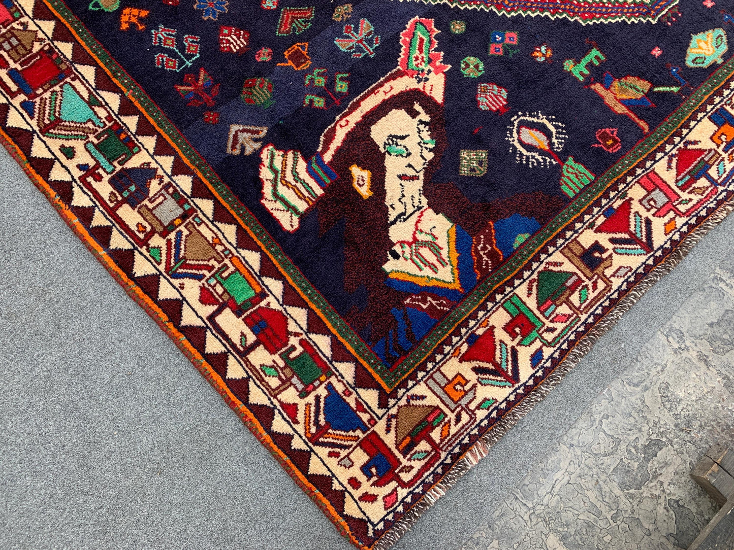 Amazing Vintage Pictorial Rug 7x11 Ft Afghan Hand Knotted Wool Rug, Caucasian design Rug, Red Navy Blue Rug, Good Pile Rug, Living Room Rug.