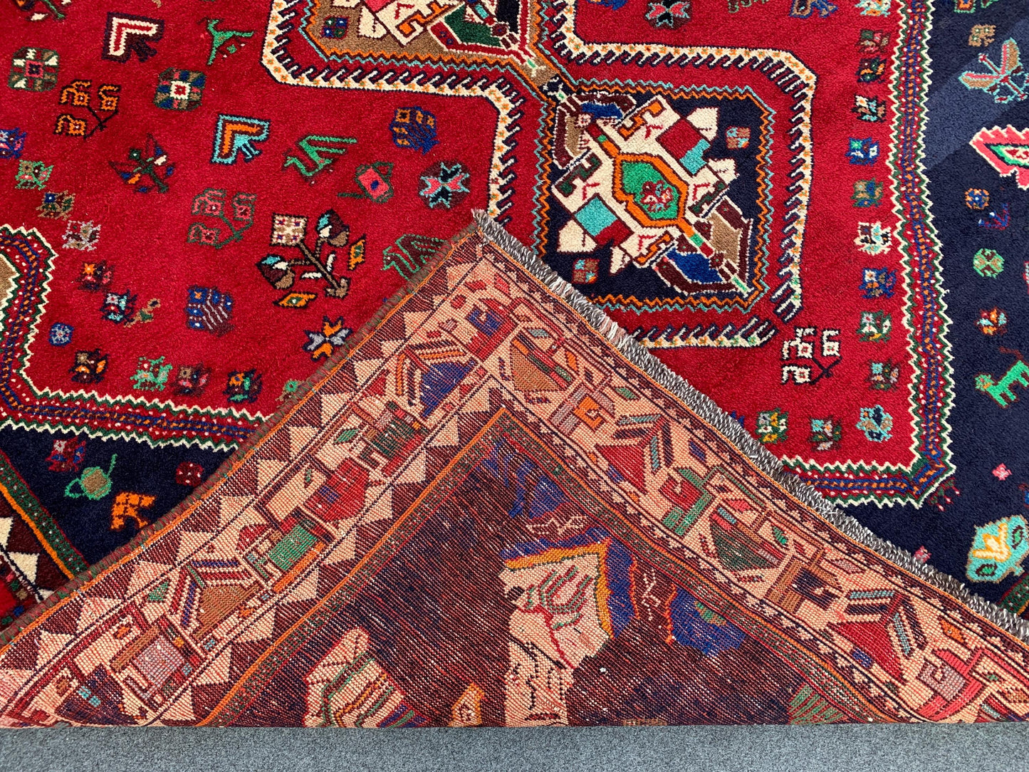 Amazing Vintage Pictorial Rug 7x11 Ft Afghan Hand Knotted Wool Rug, Caucasian design Rug, Red Navy Blue Rug, Good Pile Rug, Living Room Rug.