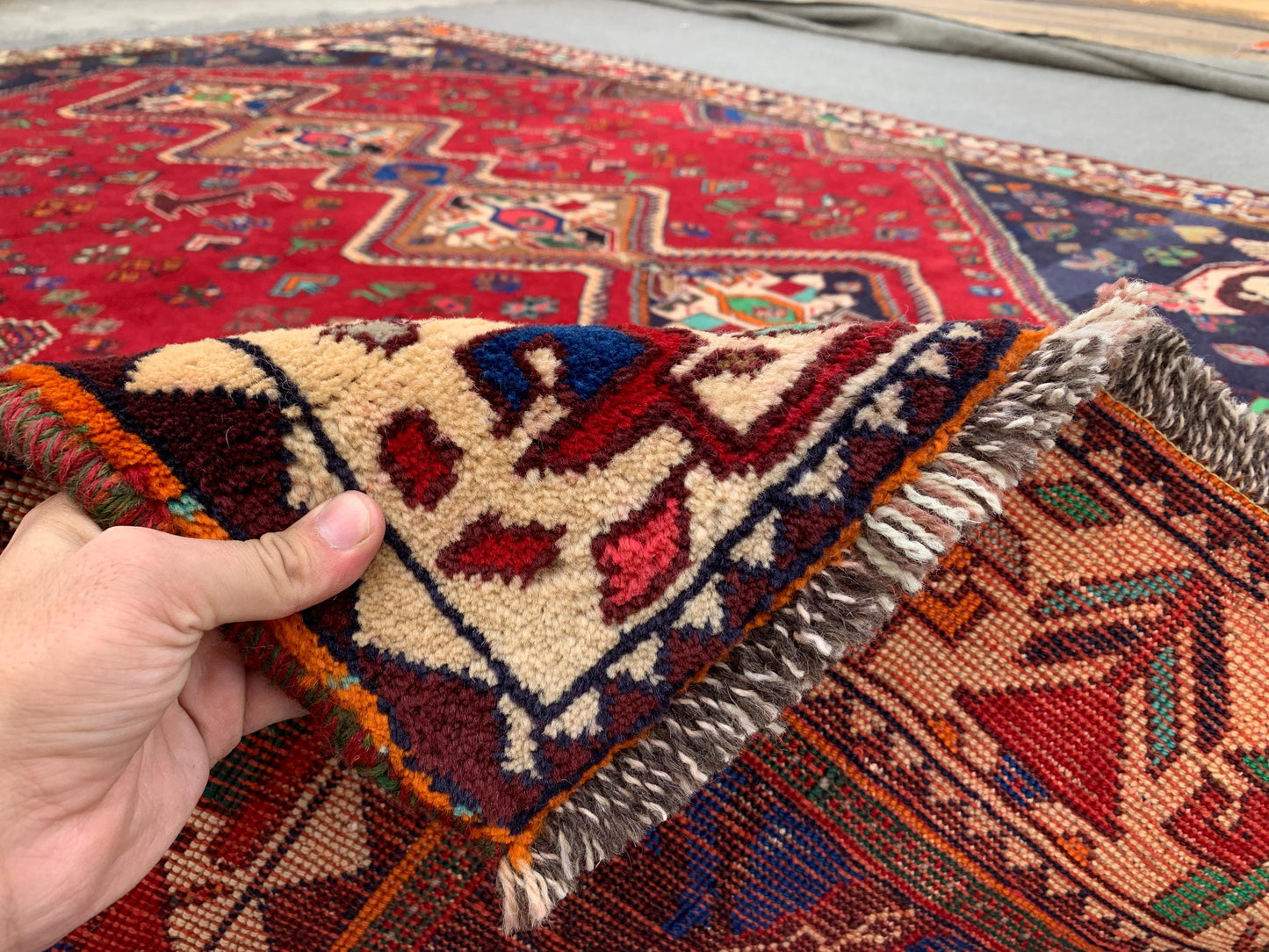 Amazing Vintage Pictorial Rug 7x11 Ft Afghan Hand Knotted Wool Rug, Caucasian design Rug, Red Navy Blue Rug, Good Pile Rug, Living Room Rug.