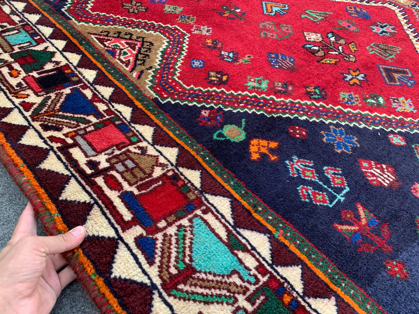 Amazing Vintage Pictorial Rug 7x11 Ft Afghan Hand Knotted Wool Rug, Caucasian design Rug, Red Navy Blue Rug, Good Pile Rug, Living Room Rug.