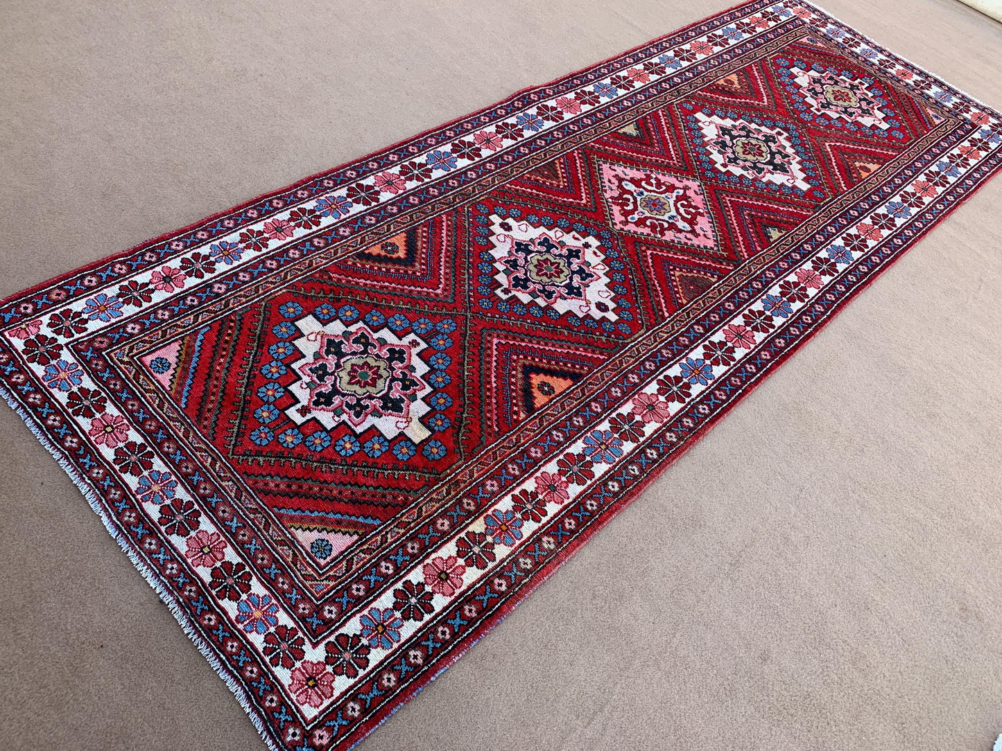 Amazing Afghan Runner Rug 4x10 Ft Hand Knotted Vintage Runner Rug, Geometric Oriental Rug, Turkmen Tribal Rug Hallway Runner Rug 110x310 Cm