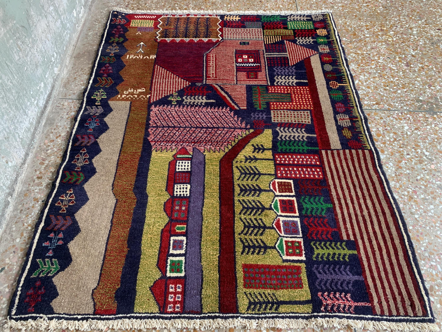 3x4 Ft Vintage Pictorial Rug, Afghan Handmade Rug, Baluchi Oriental Wool Rug, Tree design Rug, Home Decor Rug, Hallway Kitchen Bedroom Rug.