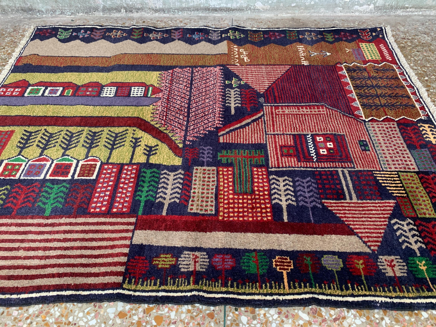 3x4 Ft Vintage Pictorial Rug, Afghan Handmade Rug, Baluchi Oriental Wool Rug, Tree design Rug, Home Decor Rug, Hallway Kitchen Bedroom Rug.