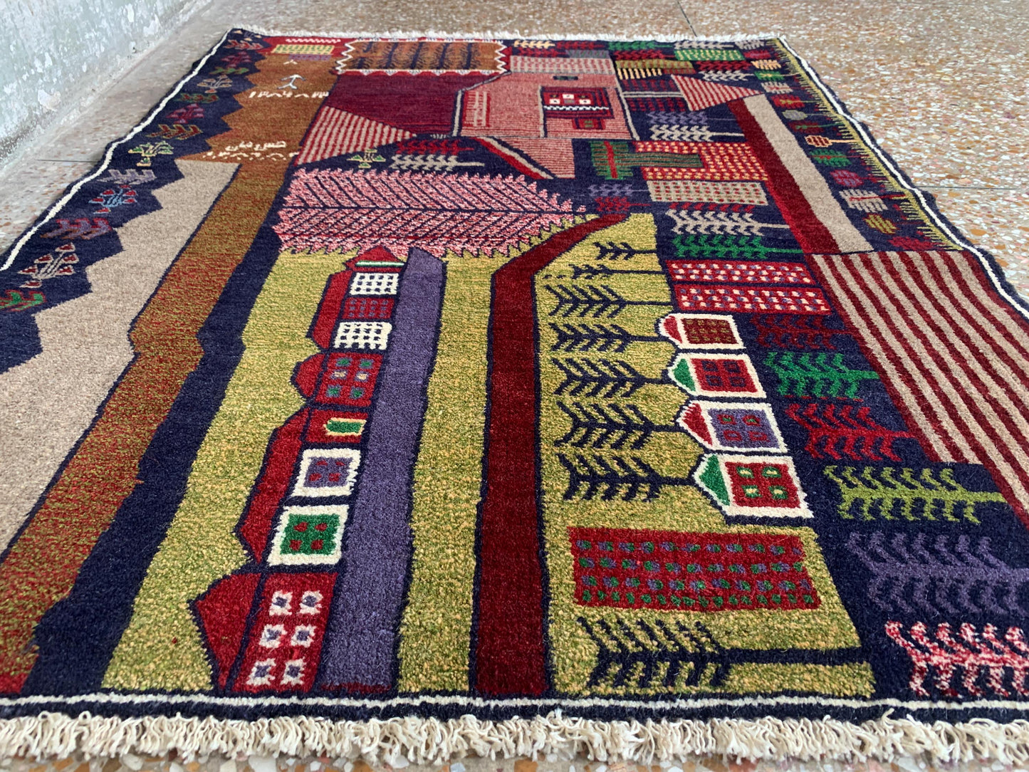 3x4 Ft Vintage Pictorial Rug, Afghan Handmade Rug, Baluchi Oriental Wool Rug, Tree design Rug, Home Decor Rug, Hallway Kitchen Bedroom Rug.