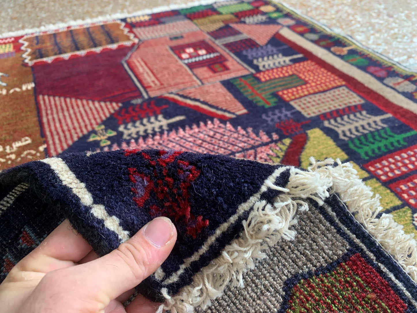 3x4 Ft Vintage Pictorial Rug, Afghan Handmade Rug, Baluchi Oriental Wool Rug, Tree design Rug, Home Decor Rug, Hallway Kitchen Bedroom Rug.