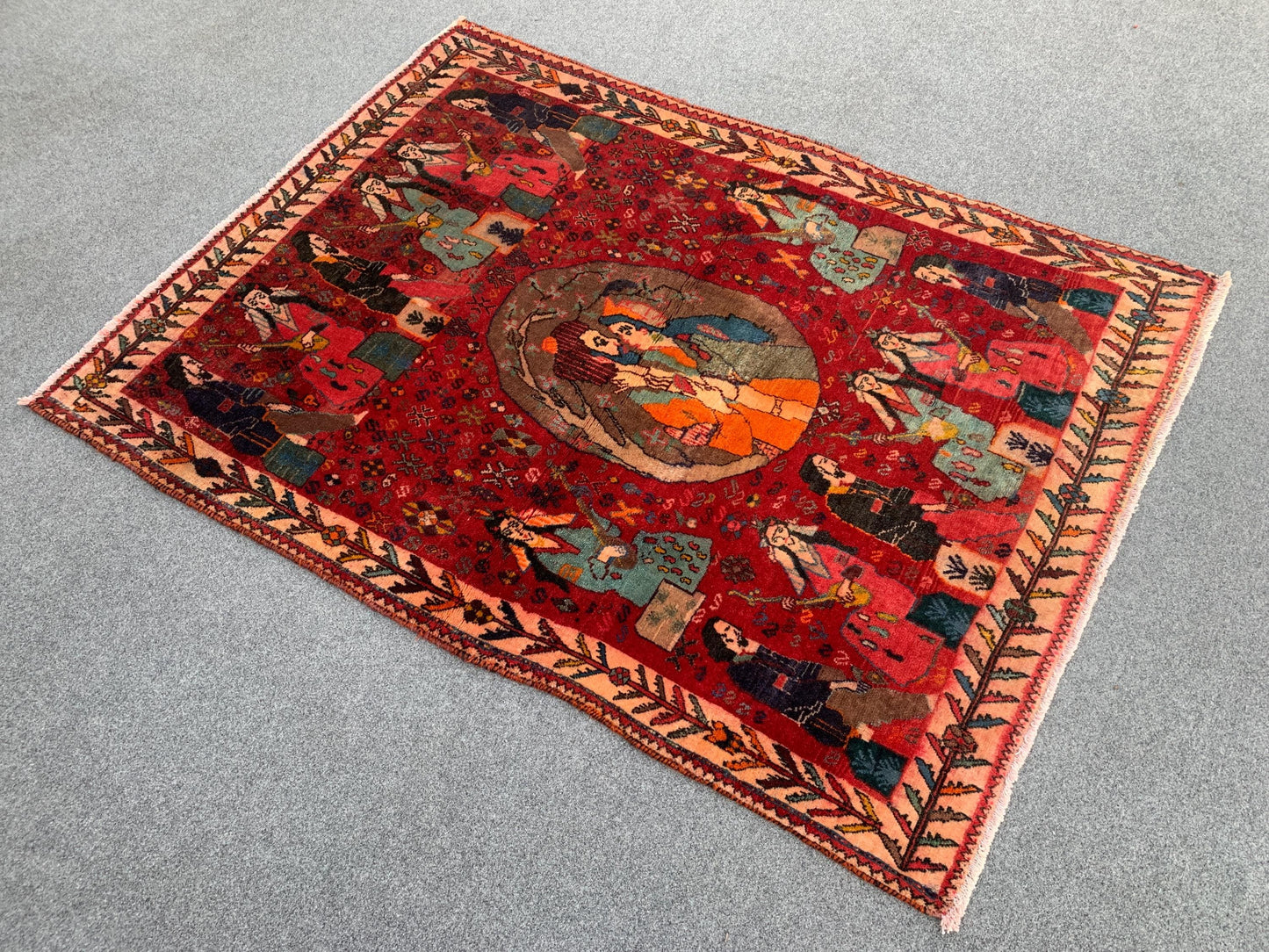 3x5 Ft Antique Pictorial Red Rug, Hand Knotted Vintage Rug, Oriental Afghan Wool Rug, Good Pile Rug Wall Decor Rug, Best for Living Room Rug