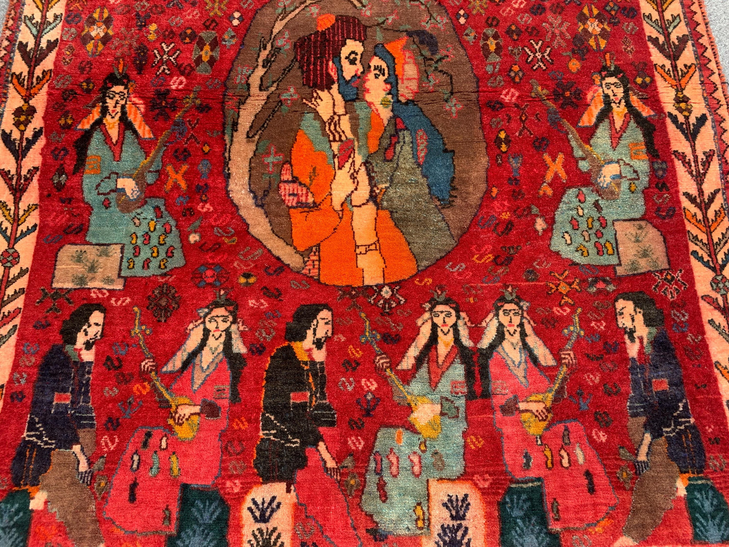 3x5 Ft Antique Pictorial Red Rug, Hand Knotted Vintage Rug, Oriental Afghan Wool Rug, Good Pile Rug Wall Decor Rug, Best for Living Room Rug