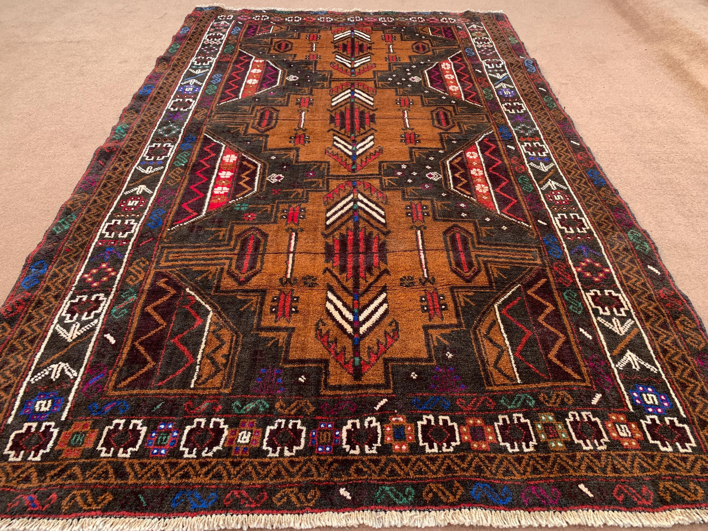 4x7 Ft Vintage Geometric design Rug, Afghan Hand Knotted Rug, Herati Baluchi Rug, Oriental Wool Rug, High Pile Rug, Living Room Bedroom Rug.