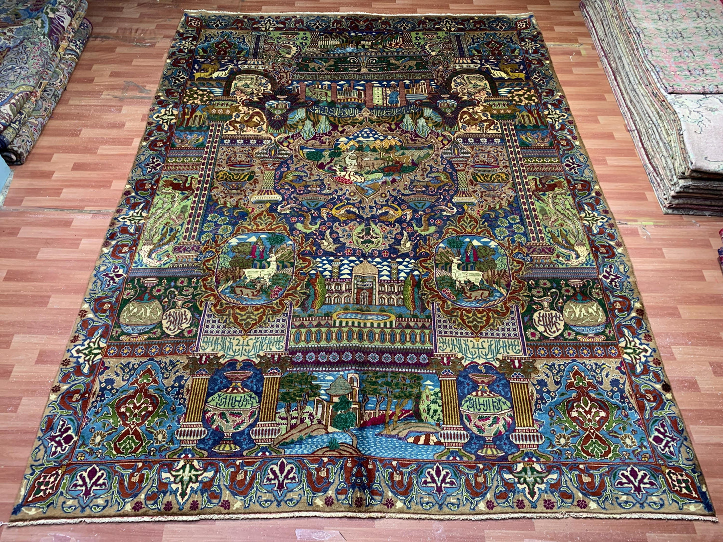 9x12 Ft Antique Pictorial Animal Rug, Hand knotted Vintage Wool Rug, Home decor Rug, Afghan Oriental Rug, Dining Table Rug, Living Room Rug.